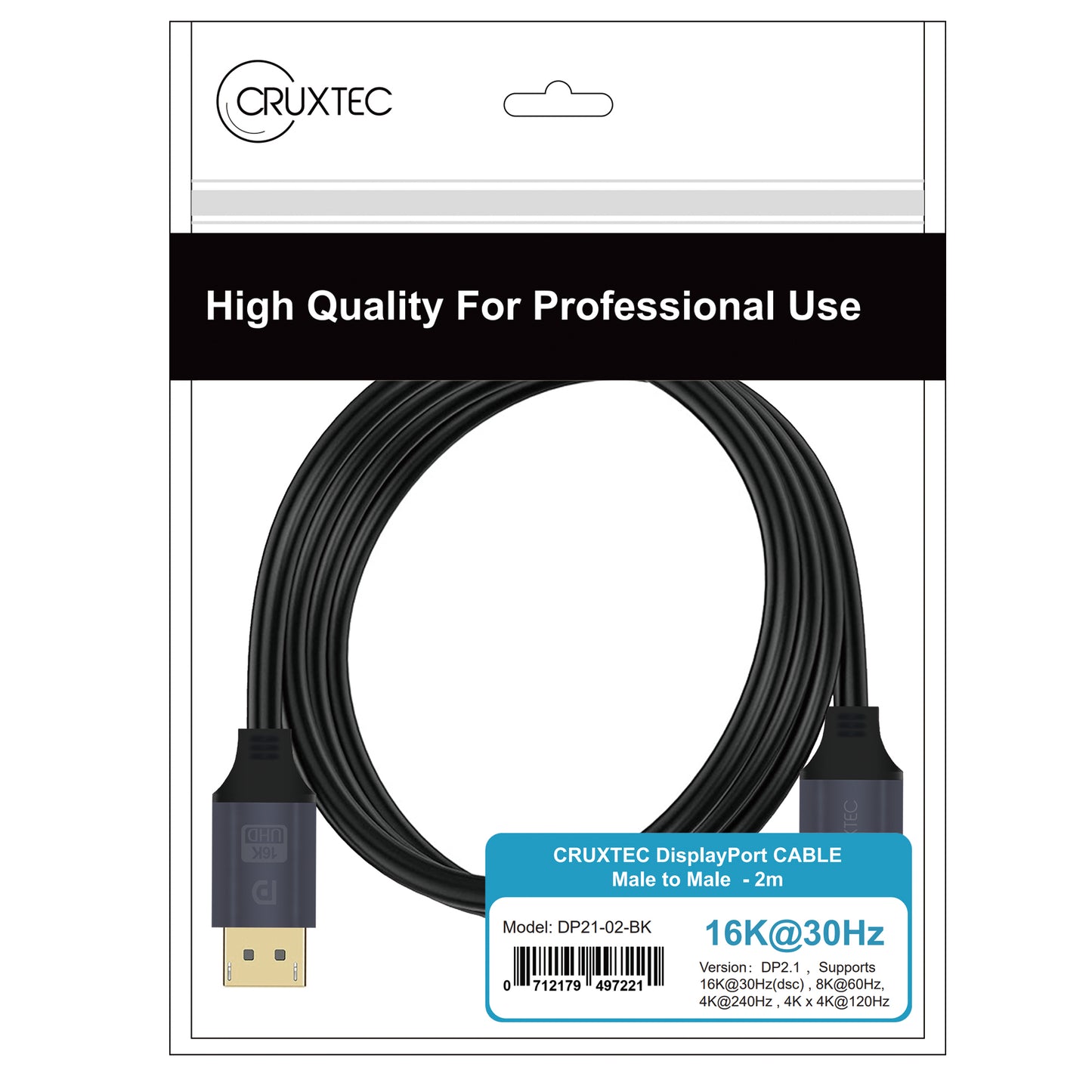 Cruxtec 2m DisplayPort Cable Ver 2.1 Full Ultra HD (16K@30Hz, 8K@60Hz, 4K@240Hz)