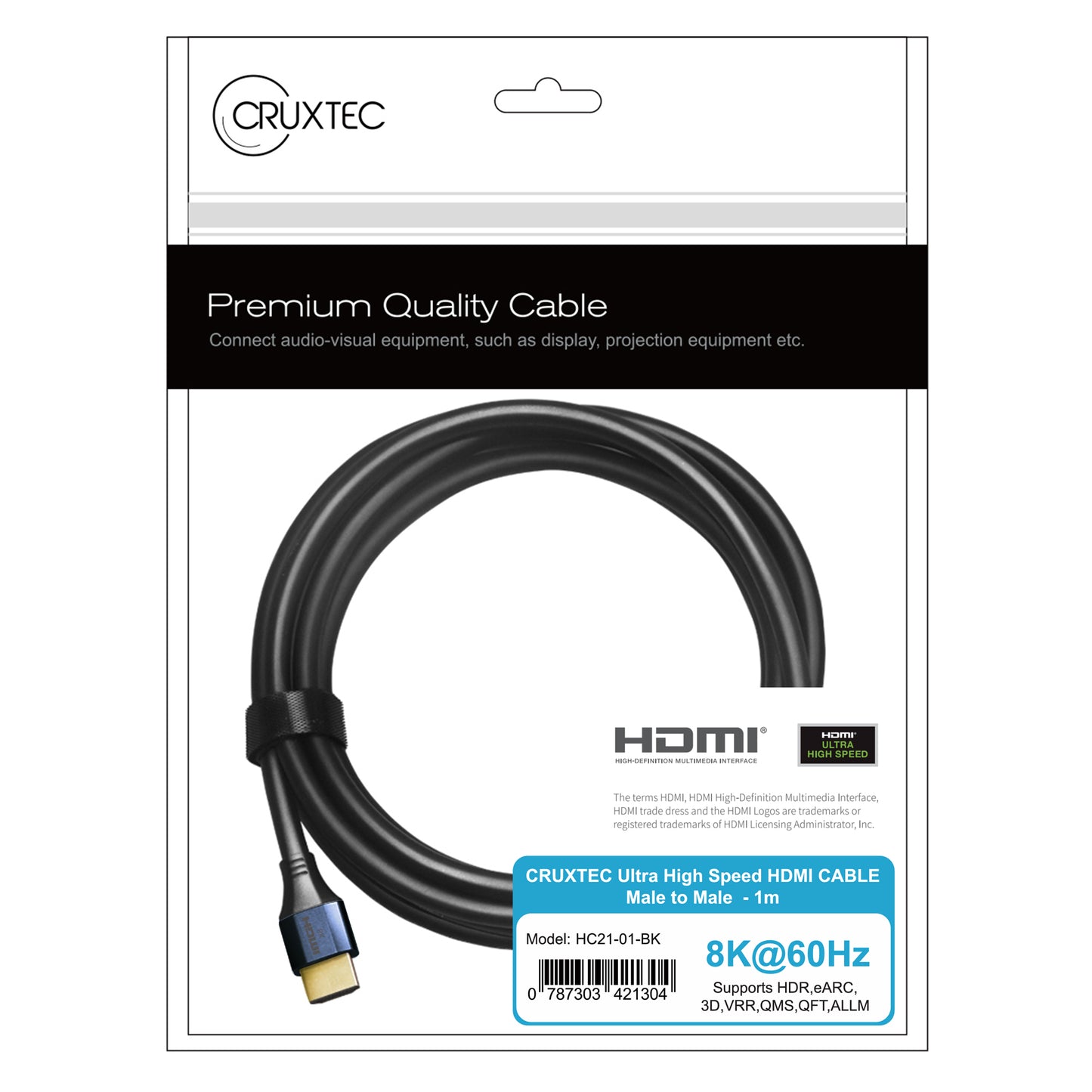 Cruxtec Ultra High Speed HDMI 8K Cable 48Gbps 1m ( 8K@60Hz / 4K@120Hz )