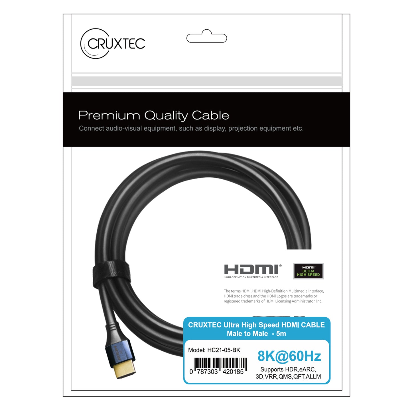 Cruxtec Ultra High Speed HDMI 8K Cable 48Gbps 5m ( 8K@60Hz / 4K@120Hz )