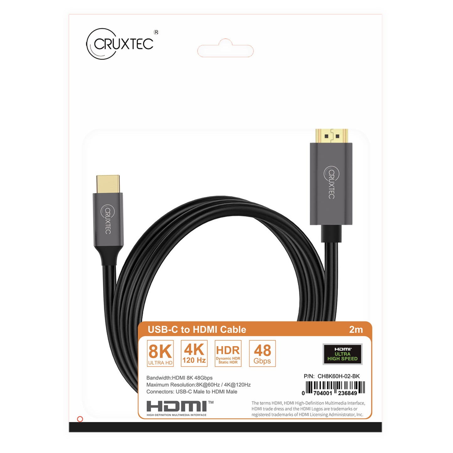 Cruxtec USB-C to HDMI Cable Black Support HDR ( 8K@60Hz, 4K@120Hz )