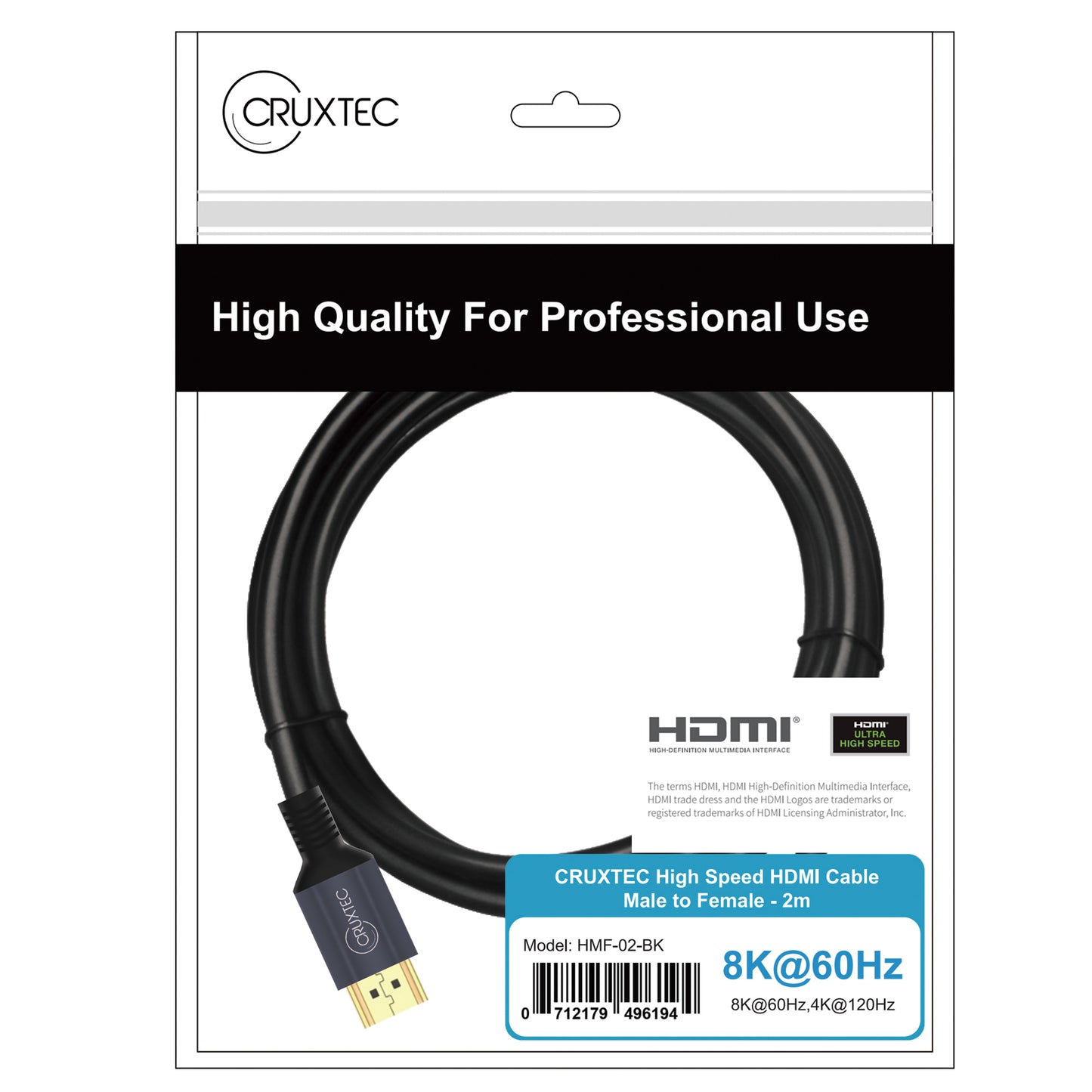 Cruxtec HDMI 8K Extension Cable Black Male to Female -8K@60Hz