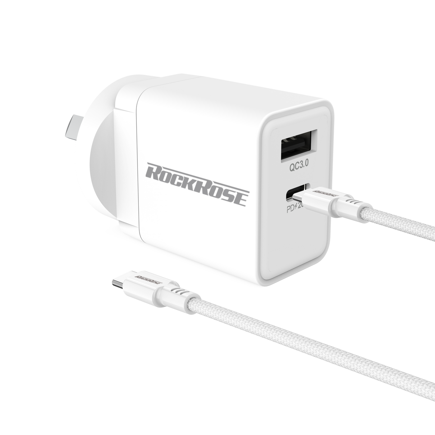 Rockrose Casa AC Pro Combo 20W PD & QC 3.0 Dual Port Power Adapter With 1M PD 100W USB-C to USB-C Fast Charging Cable