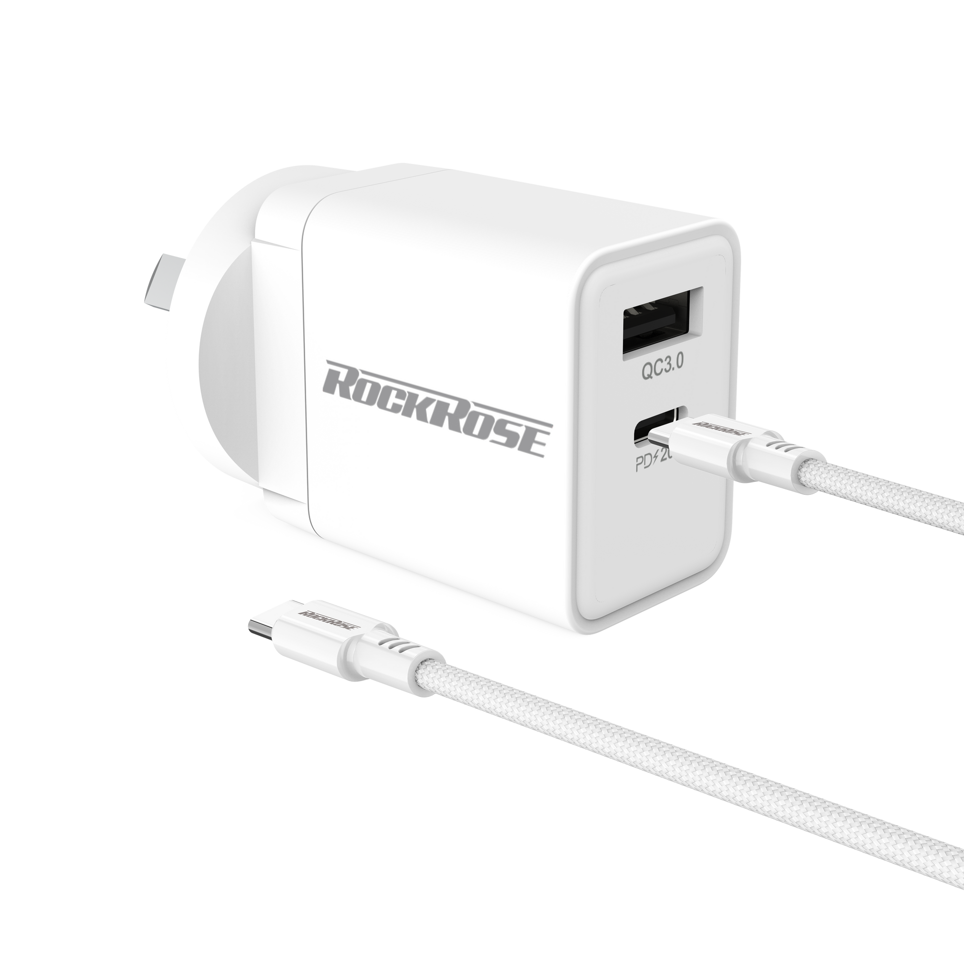 Rockrose Casa AC Pro Combo 20W PD & QC 3.0 Dual Port Power Adapter With 1M PD 100W USB-C to USB-C Fast Charging Cable