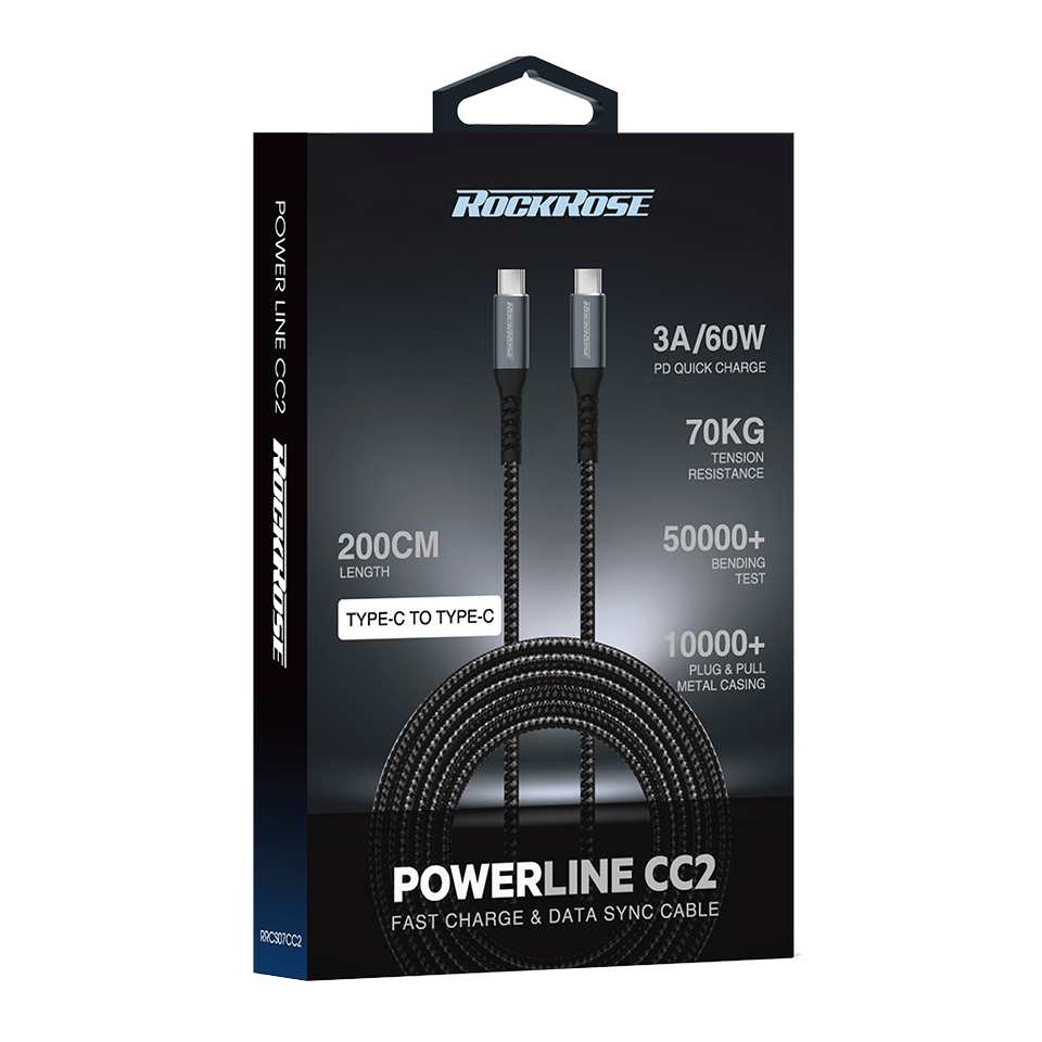 Rockrose Powerline CC2 3A 60W Max 2M USB-C to USB-C Fast Charge & Data Sync Cable