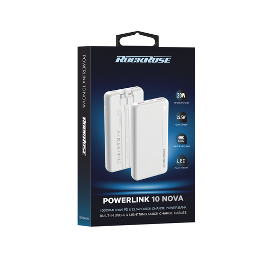 Rockrose PowerLink 10 Nova 10000mAh 20W PD&22.5W Quick Charge Power Bank White