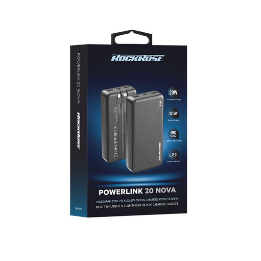 Rockrose PowerLink 20 Nova 20000mAh 20W PD&22.5W Quick Charge Power Bank Black
