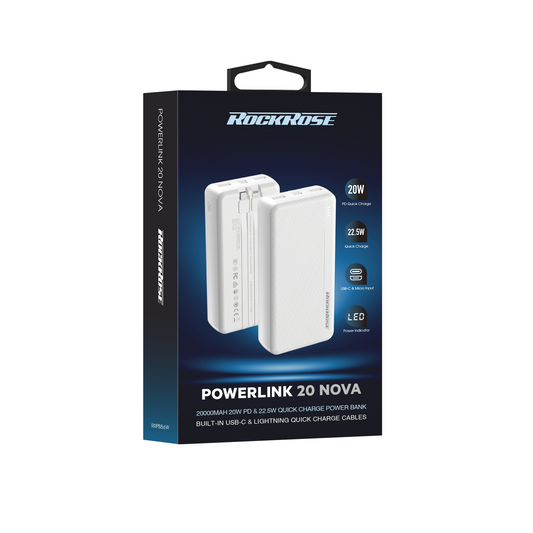 Rockrose PowerLink 20 Nova 20000mAh 20W PD&22.5W Quick Charge Power Bank White