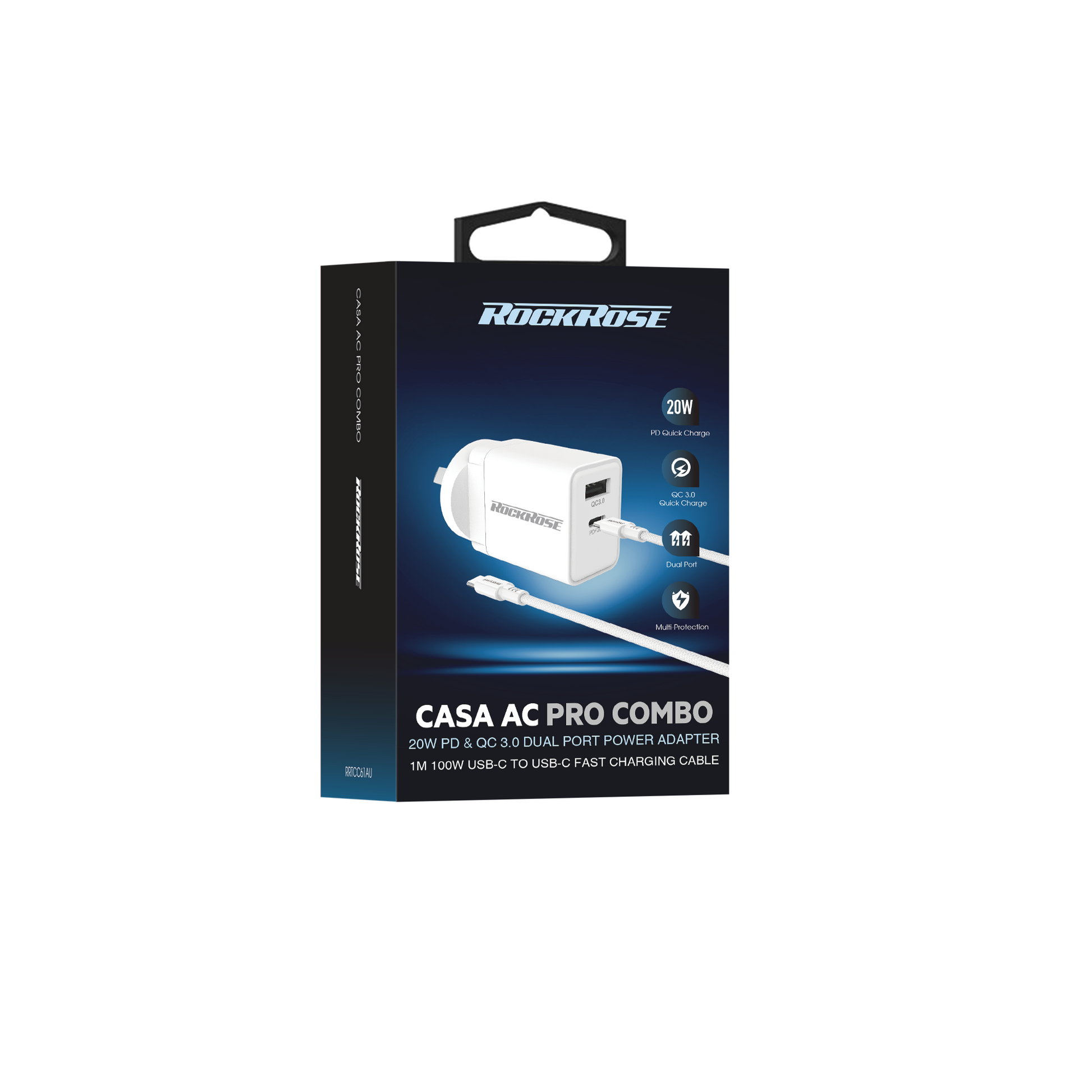 Rockrose Casa AC Pro Combo 20W PD & QC 3.0 Dual Port Power Adapter With 1M PD 100W USB-C to USB-C Fast Charging Cable - product image 2