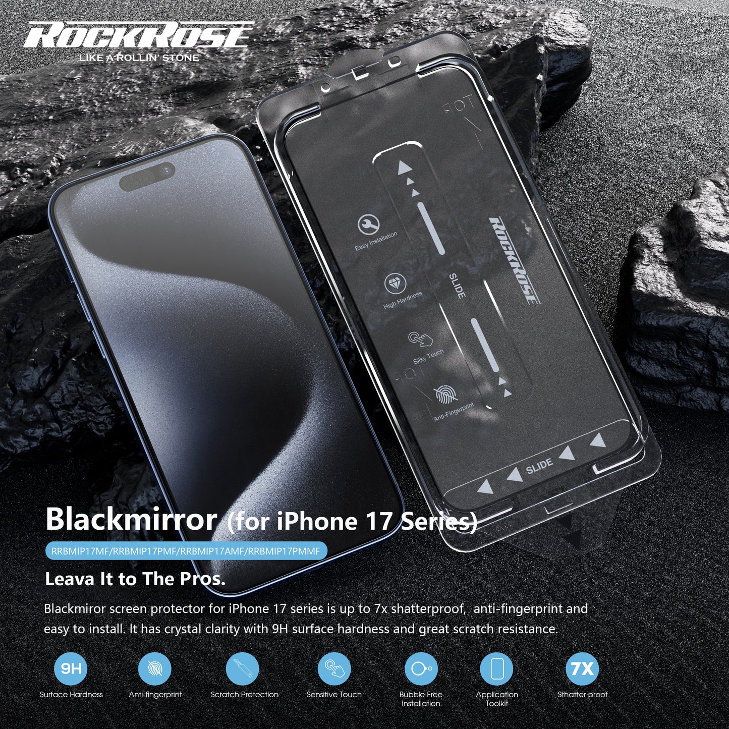 Rockrose Blackmirror iPhone 17 Premium Matte Tempered Glass Screen Protector with Dust-free Easy DIY Installation Kit 1 Pack