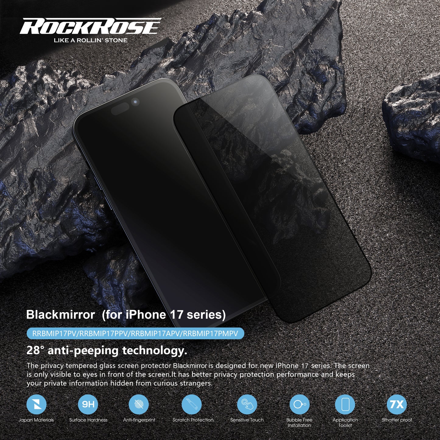 Rockrose Blackmirror iPhone 17 Premium Privacy Tempered Glass Screen Protector with Dust-free Easy DIY Installation Kit 1 Pack