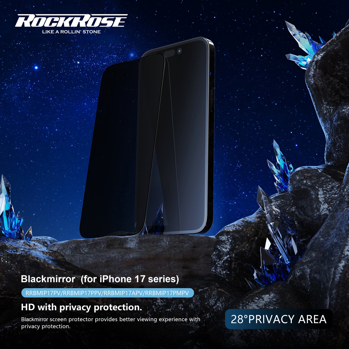 Rockrose Blackmirror iPhone 17 Premium Privacy Tempered Glass Screen Protector with Dust-free Easy DIY Installation Kit 1 Pack