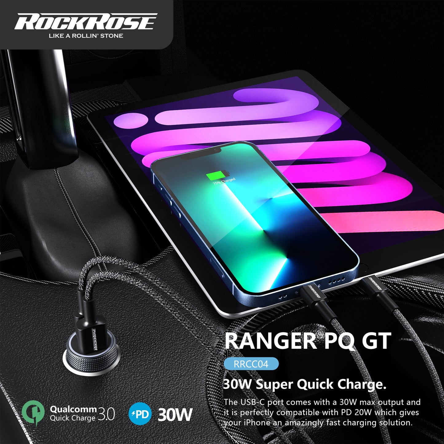 RockRose Ranger PQ GT 30W PD & QC 3.0 2-Port Car Charger