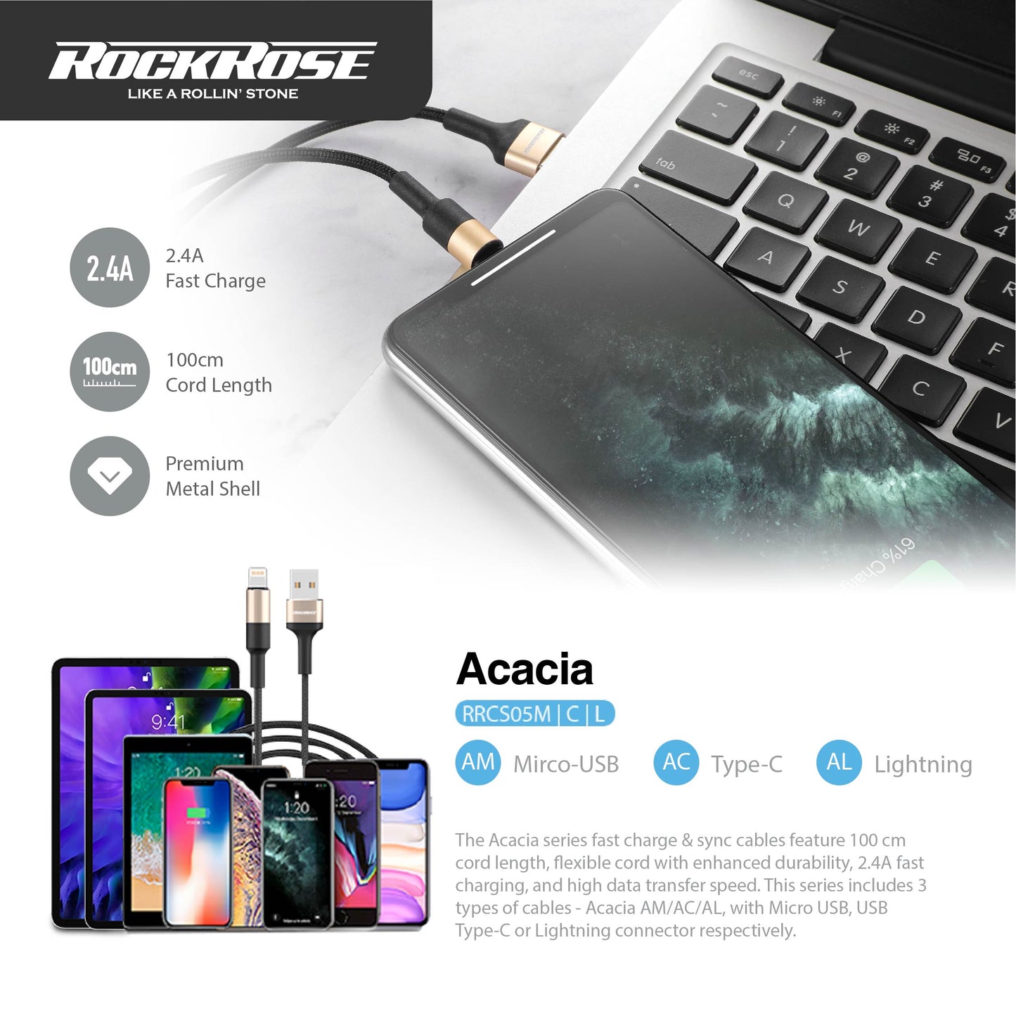 RockRose Acacia AM 1m 2.4A Nylon-Braided Micro USB Charge & Sync Cable