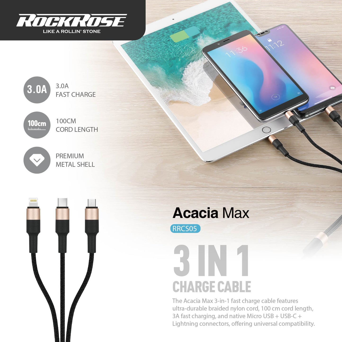 RockRose Acacia Max 1m 3A Max 3-In-1 Nylon Braided Charge-Only Cable