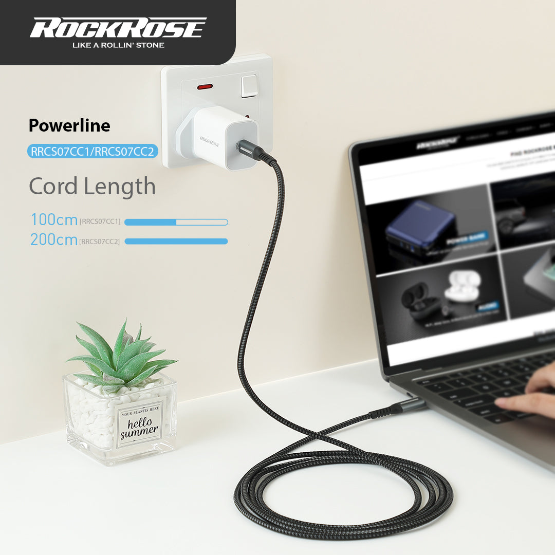 Rockrose Powerline CC1 3A 60W Max 1M USB-C to USB-C Fast Charge & Data Sync Cable