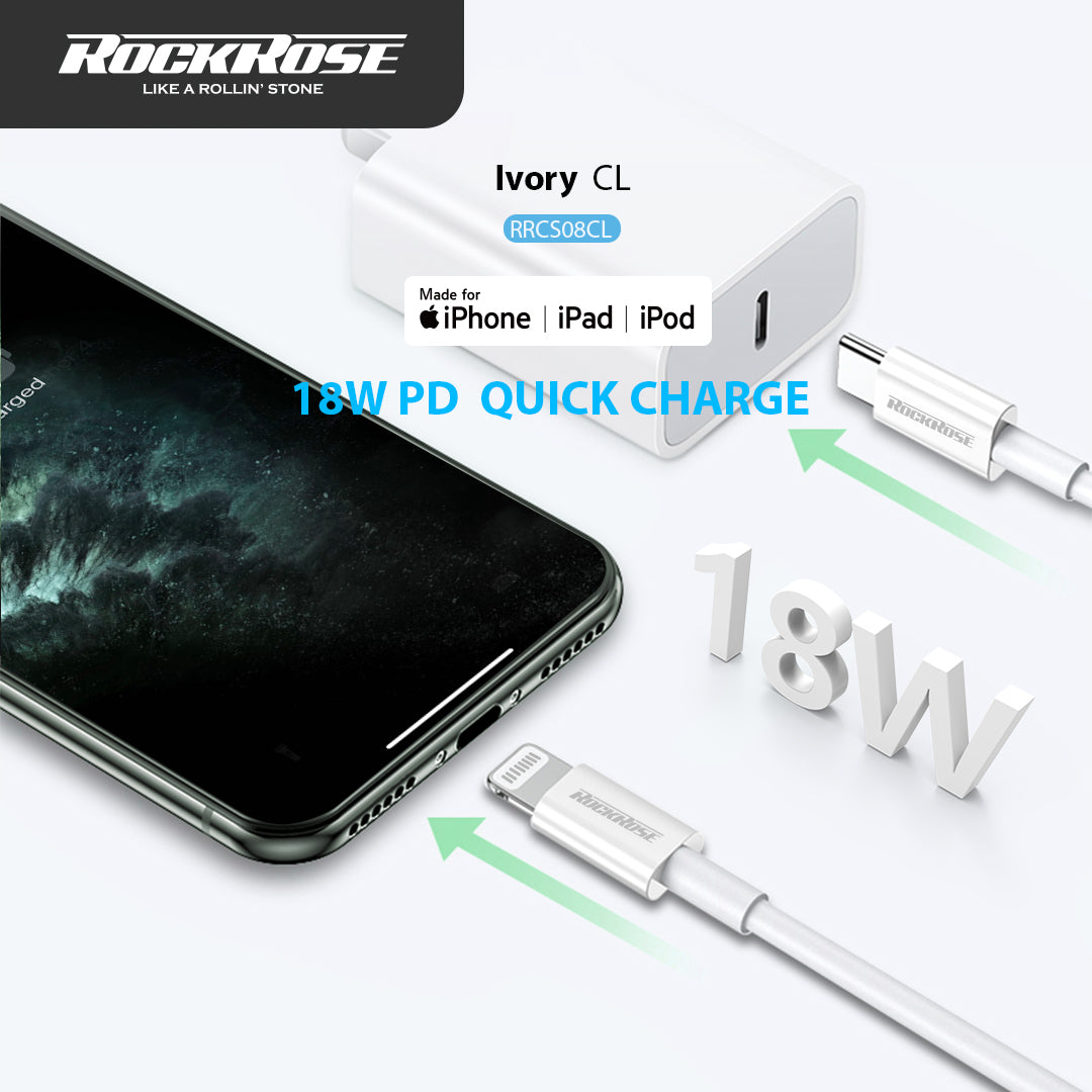 RockRose Ivory CL 1M 20W USB-C to Lightning Charge & Sync MFi Cable
