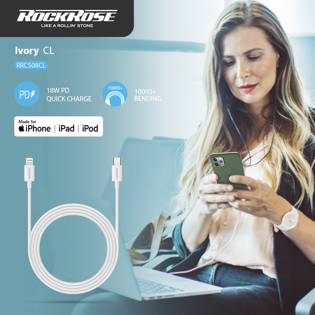 RockRose Ivory CL 1M 20W USB-C to Lightning Charge & Sync MFi Cable