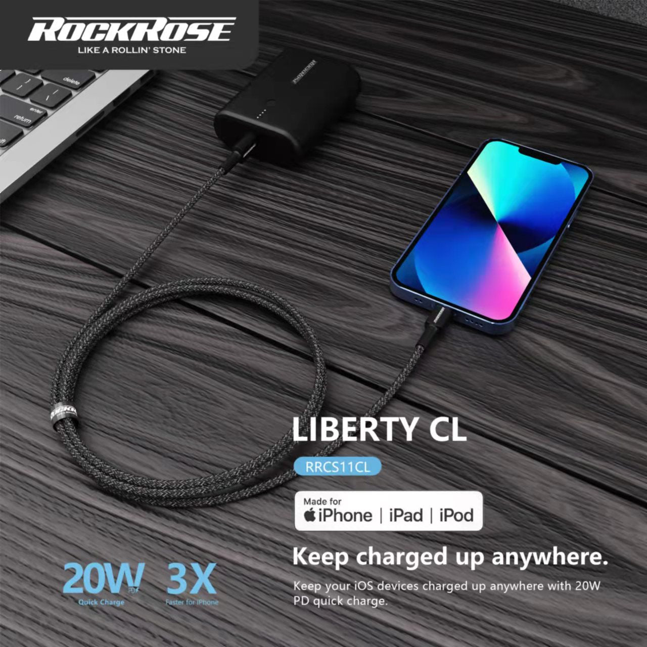 RockRose Liberty CL 1M 20W USB-C to Lightning Charge & Sync MFi Cable