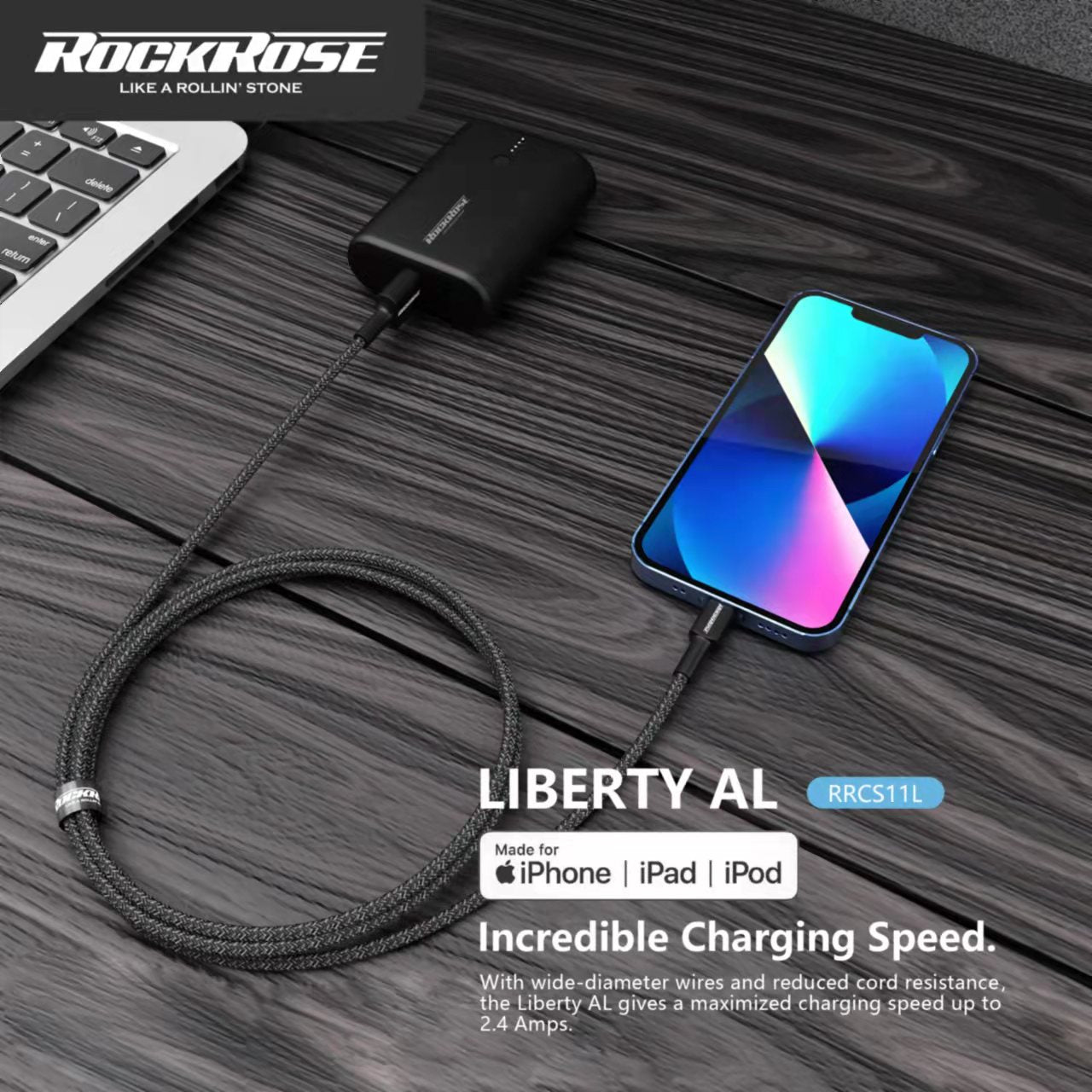 RockRose Liberty AL 1M Lightning to USB Fast Charge & Sync MFi Cable
