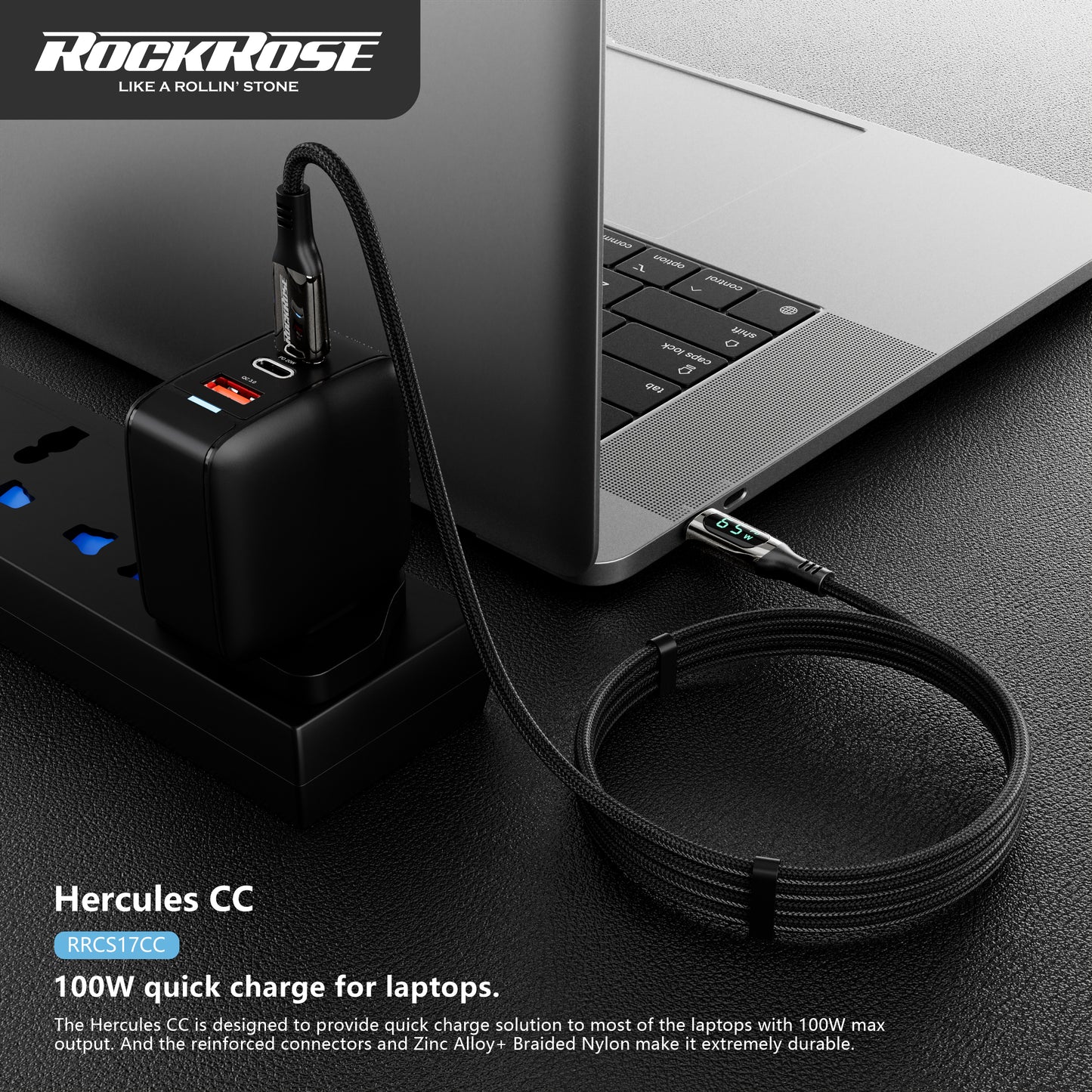 RockRose Hercules CC Transparent 100W Fast Charging Cable with Digital Power Display