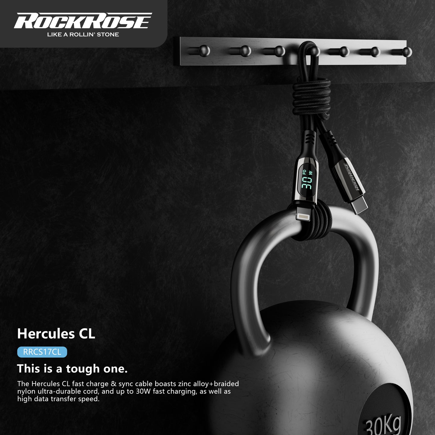 RockRose Hercules CL Transparent 30W Fast Charging Cable with Digital Power Display