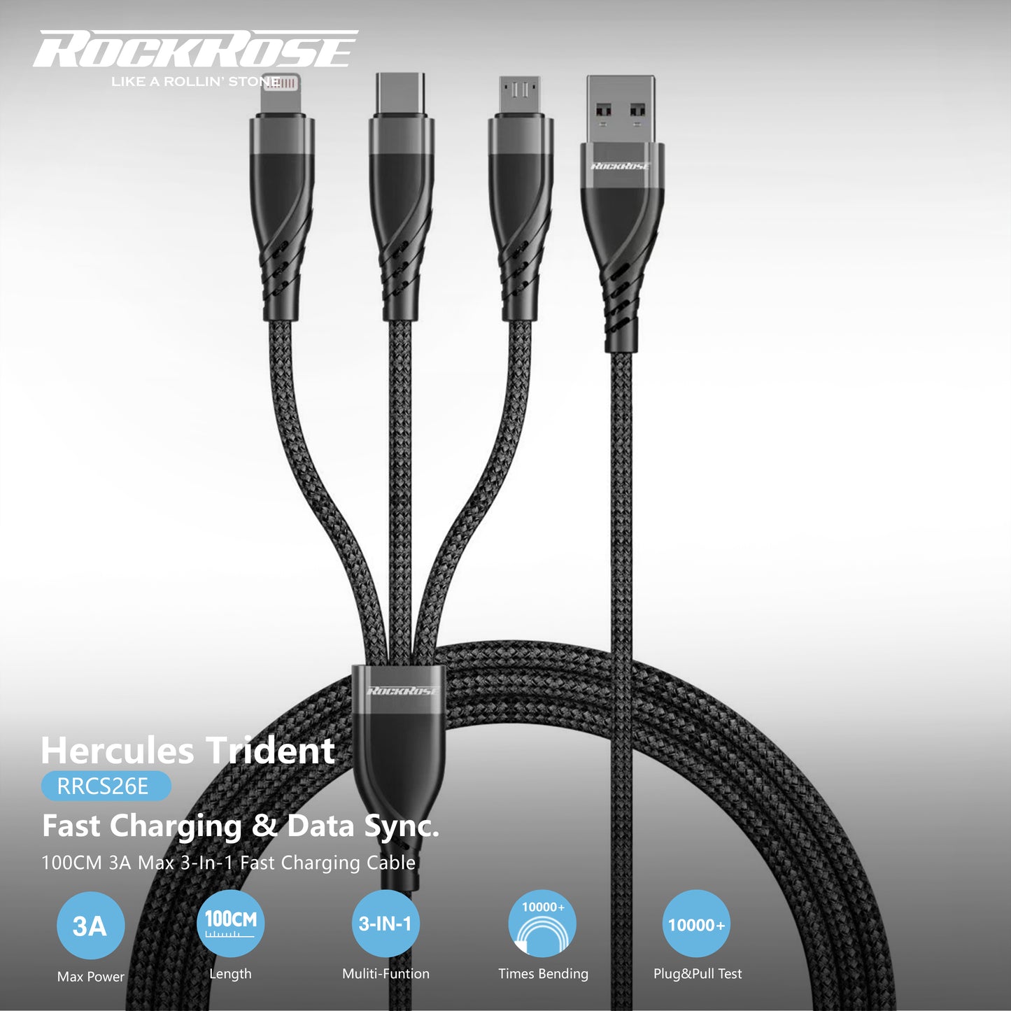 Rockrose Hercules Trident 100CM 3A Max 3-In-1 Fast Charging Cable