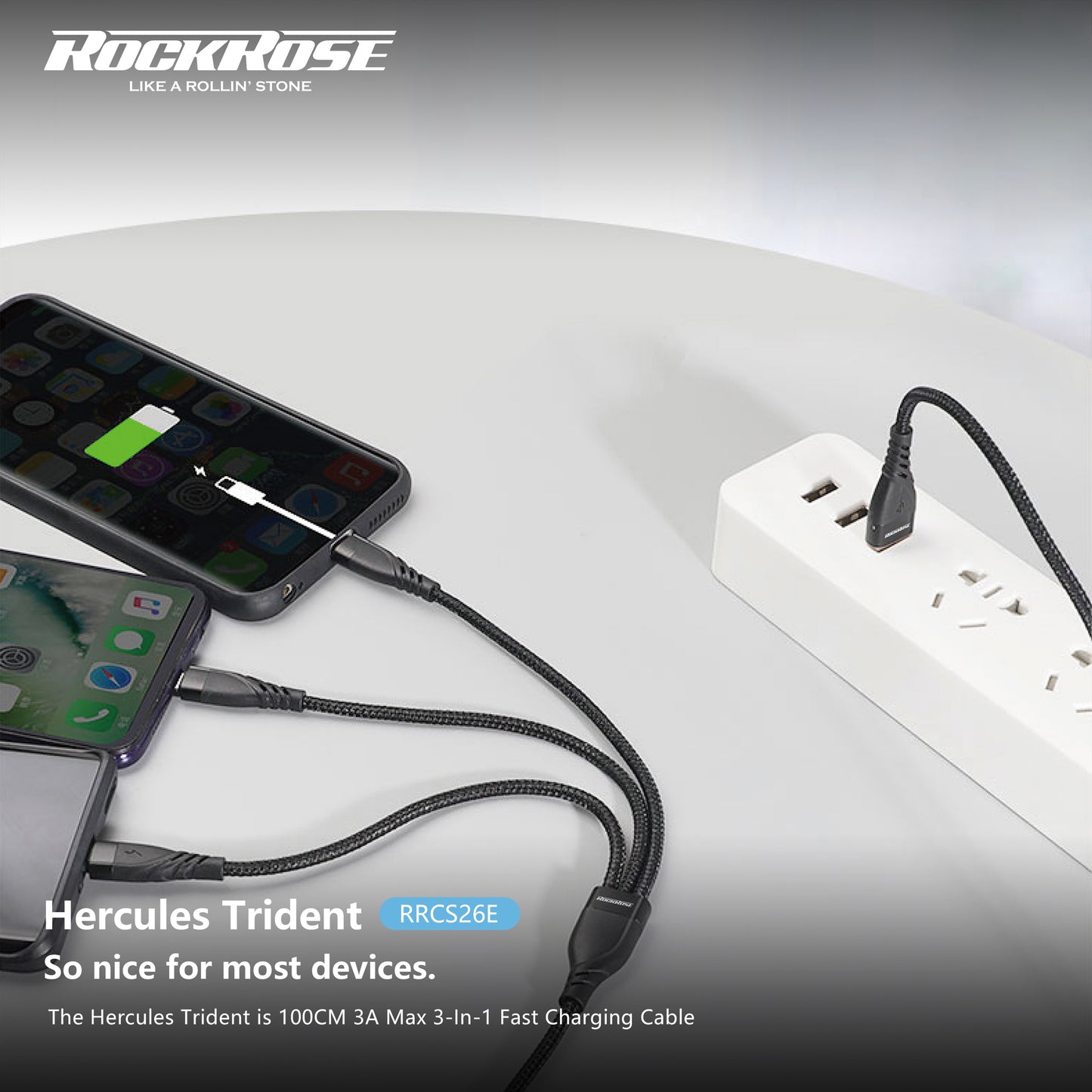 Rockrose Hercules Trident 100CM 3A Max 3-In-1 Fast Charging Cable
