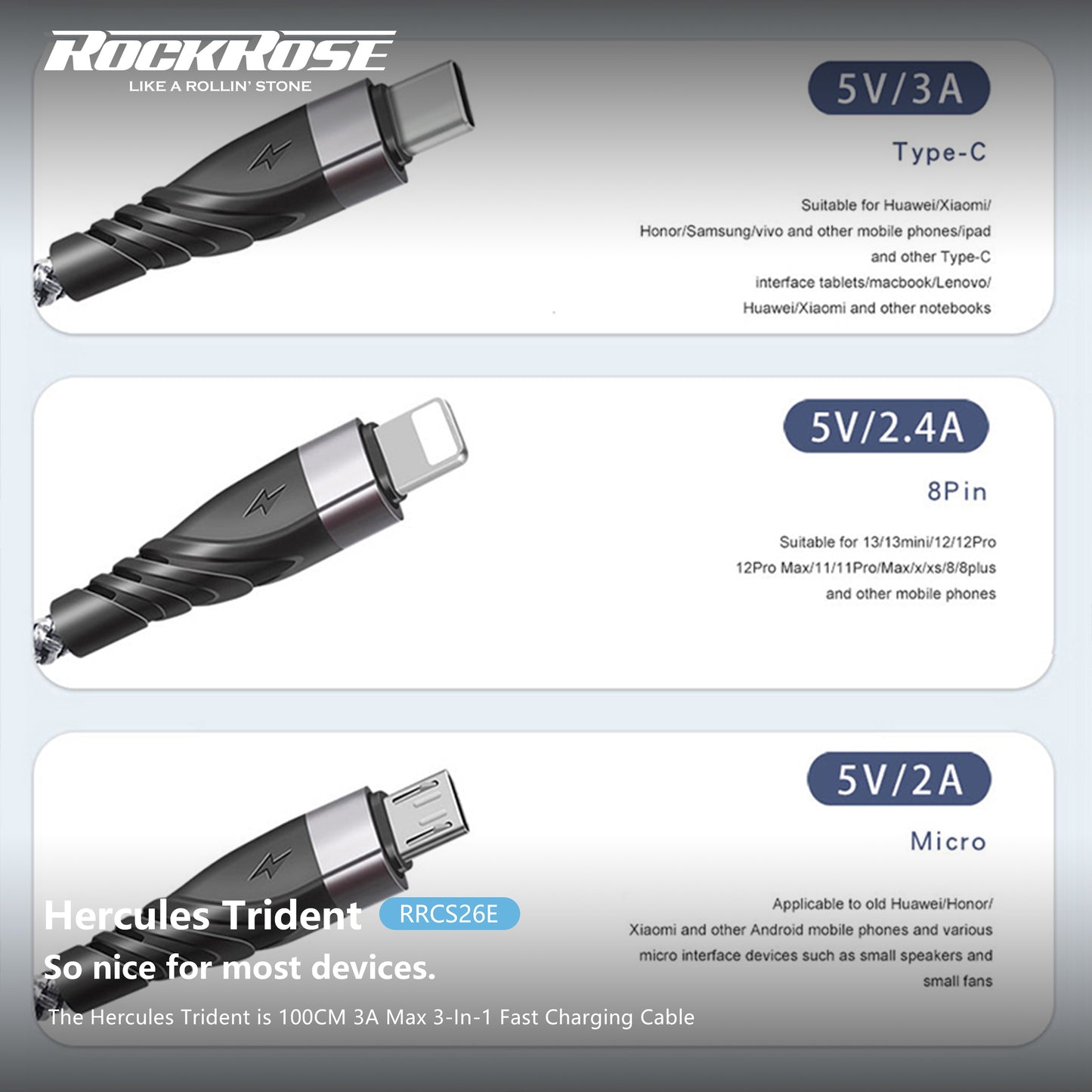 Rockrose Hercules Trident 100CM 3A Max 3-In-1 Fast Charging Cable
