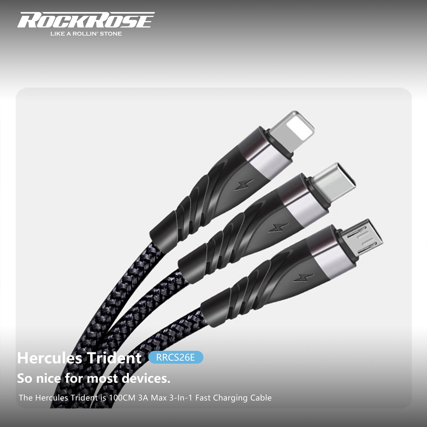 Rockrose Hercules Trident 100CM 3A Max 3-In-1 Fast Charging Cable
