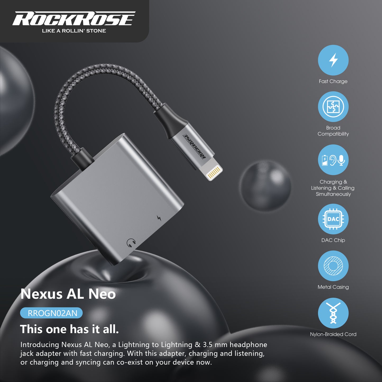 Rockrose Lightning to Lightning+3.5mm Adapter  (Phone Call & Music)