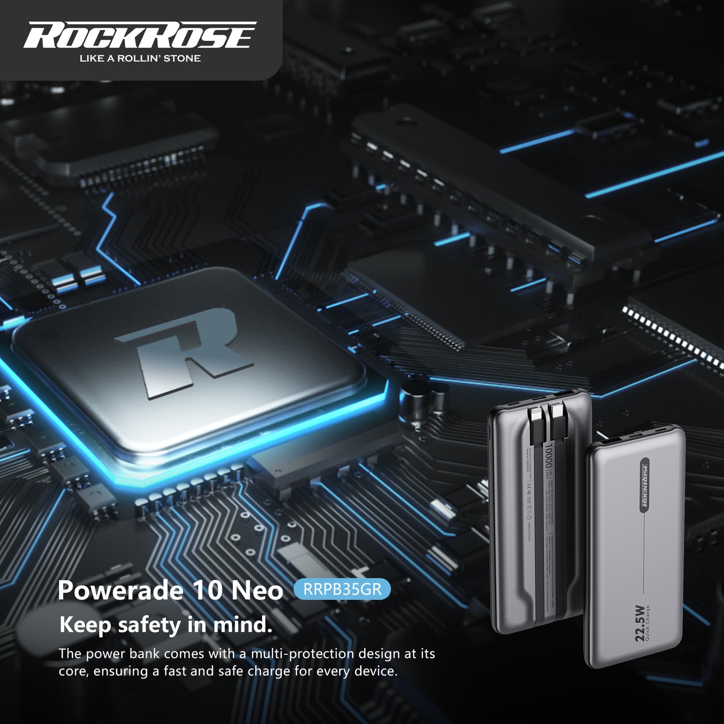 Rockrose Powerade 10 Neo 10000mAh 22.5W Max PD & QC 3.0 Compatible Quick Chage Lightning&USB-C Cable Embedded PowerBank