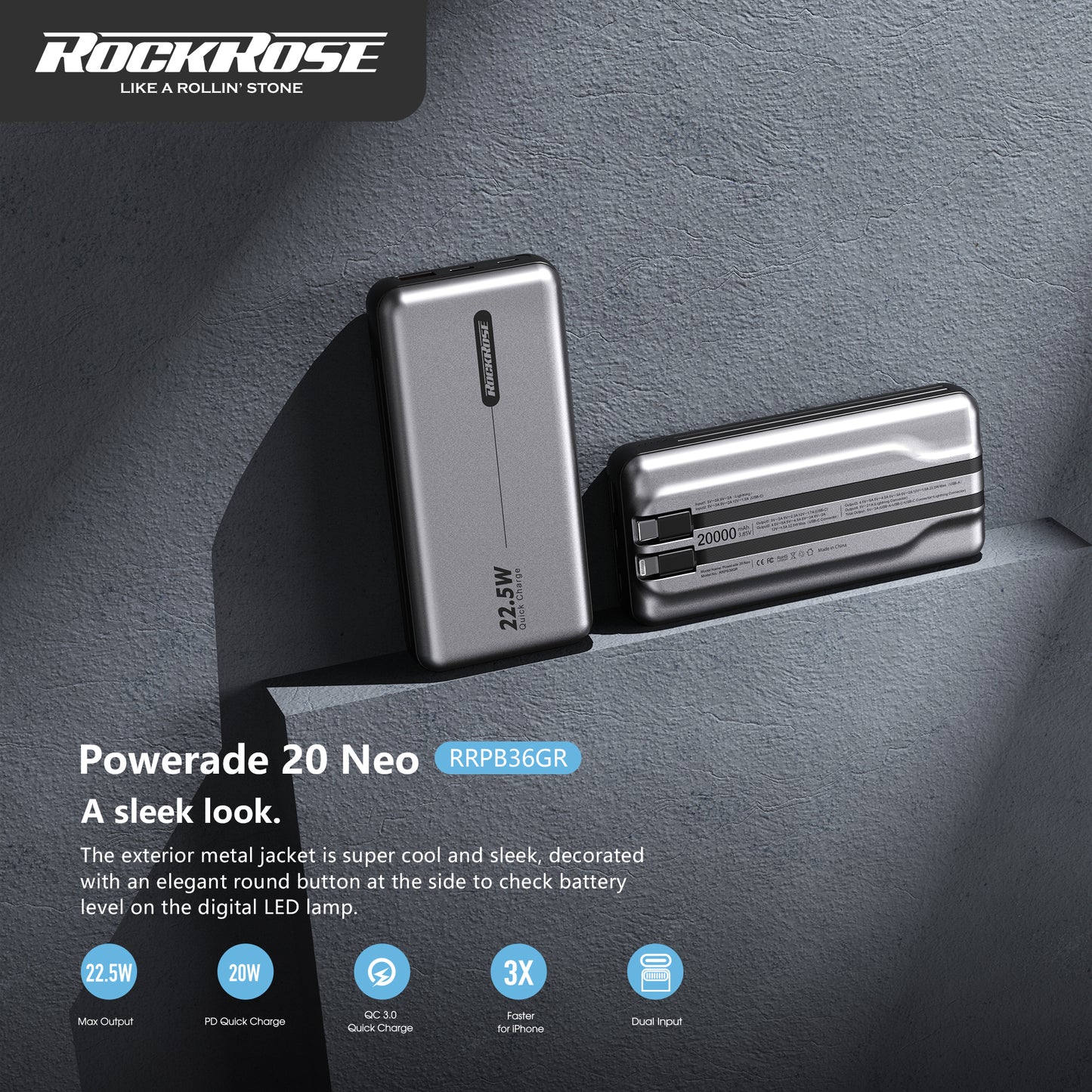 Rockrose Powerade 20 Neo 20000mAh 22.5W Max PD & QC 3.0 Compatible Lightning&USB-C Cable Embedded PowerBank