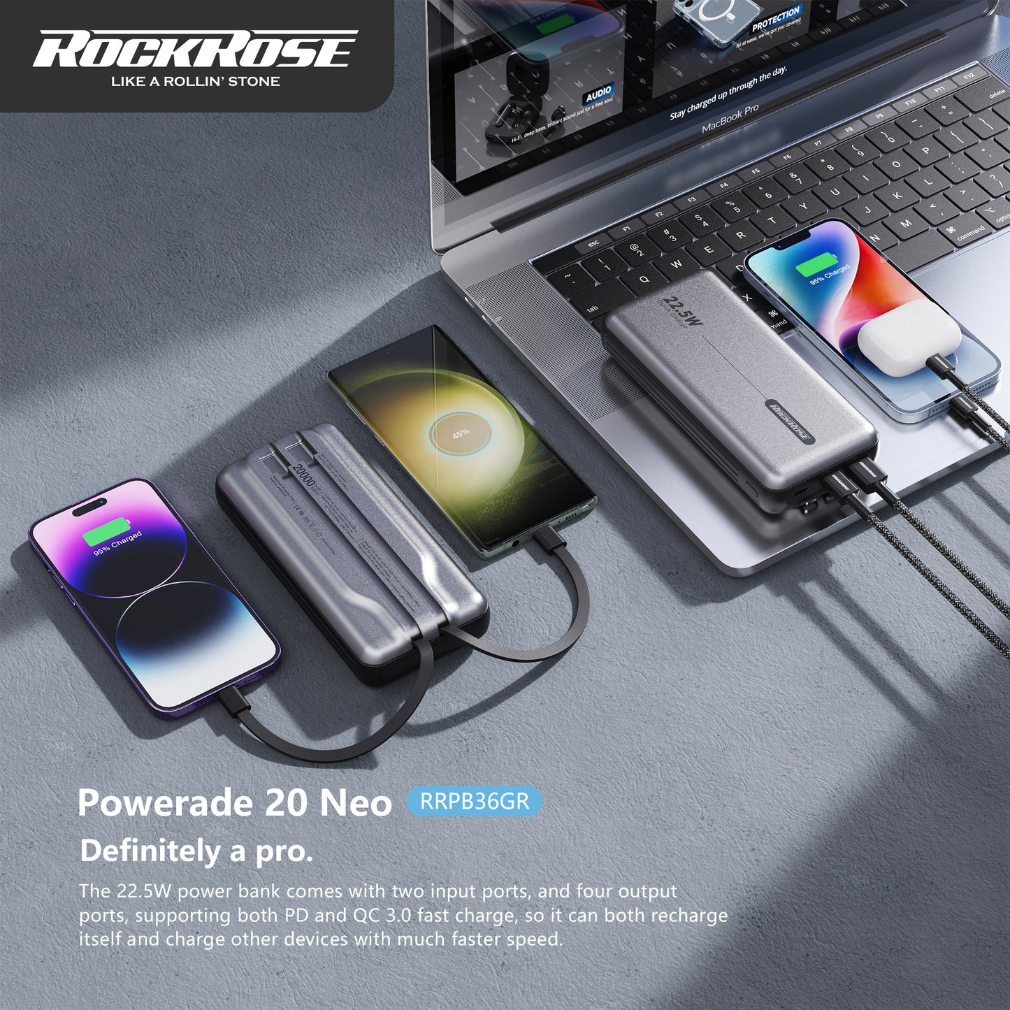 Rockrose Powerade 20 Neo 20000mAh 22.5W Max PD & QC 3.0 Compatible Lightning&USB-C Cable Embedded PowerBank