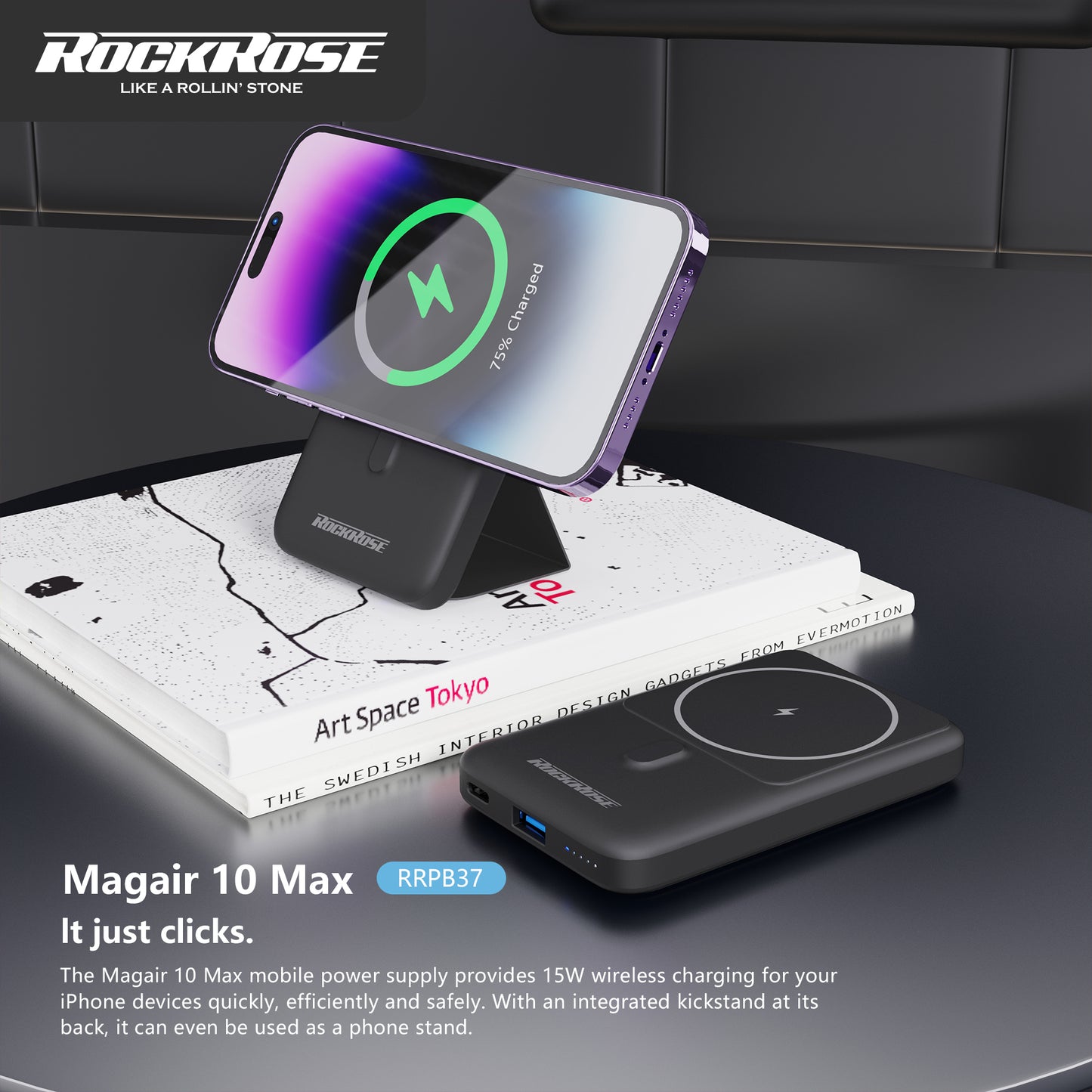 RockRose Magair 10 Max 10000mAh 15W MagSafe Compatible Powerbank with Phone Stand