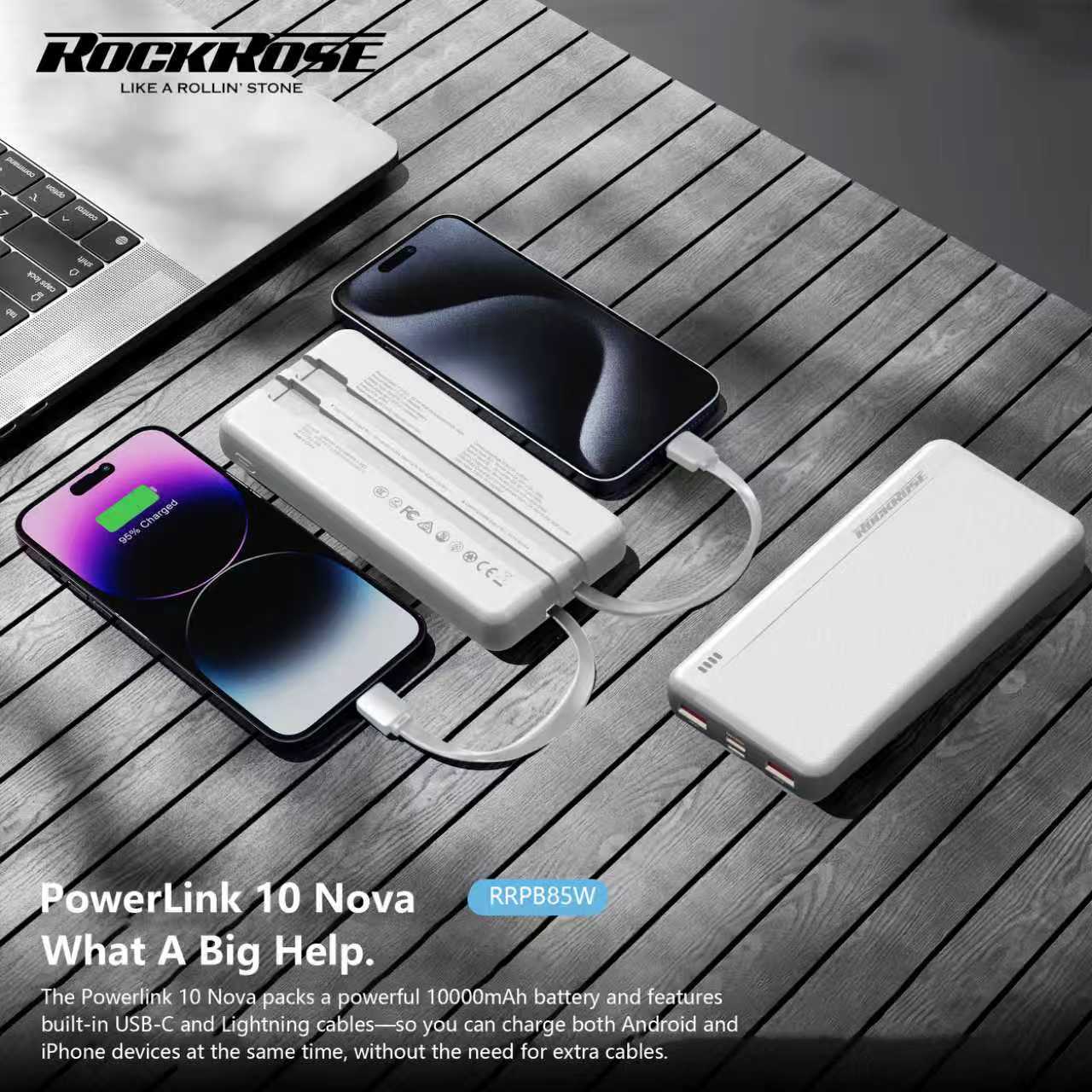 Rockrose PowerLink 10 Nova 10000mAh 20W PD&22.5W Quick Charge Power Bank White