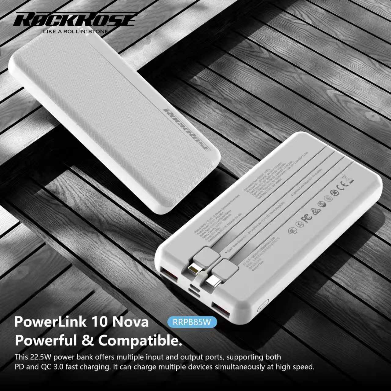 Rockrose PowerLink 10 Nova 10000mAh 20W PD&22.5W Quick Charge Power Bank White