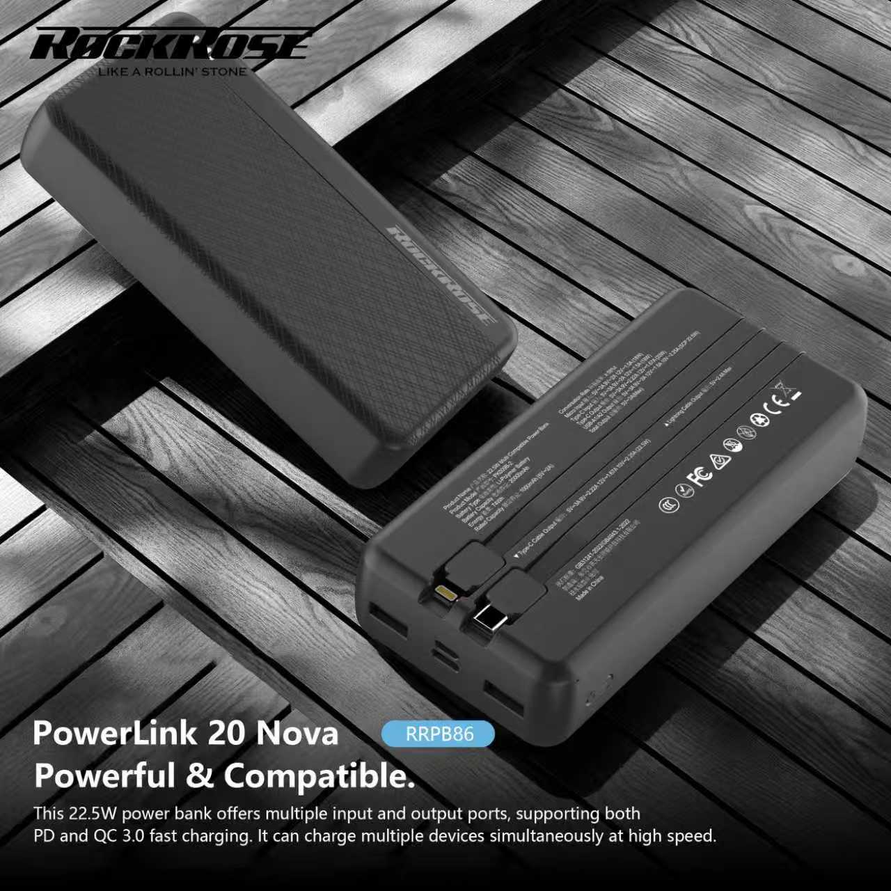 Rockrose PowerLink 20 Nova 20000mAh 20W PD&22.5W Quick Charge Power Bank Black