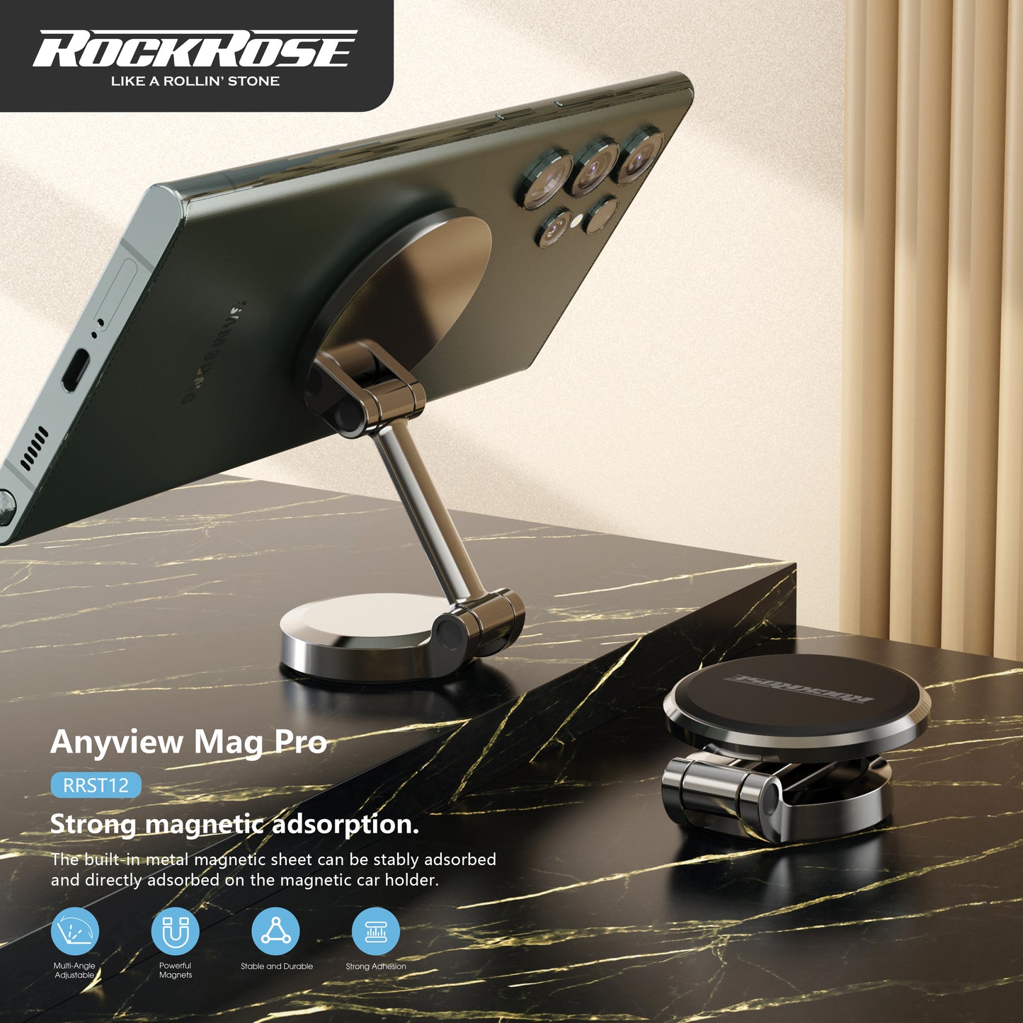 RockRose Anyview Mag Pro 360° Rotatable&Foldable Center Console Magnetic Phone Holder