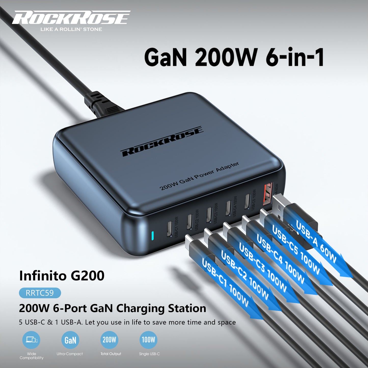 Rockrose Infinito G200 200W 6-Port GaN  Charging Station