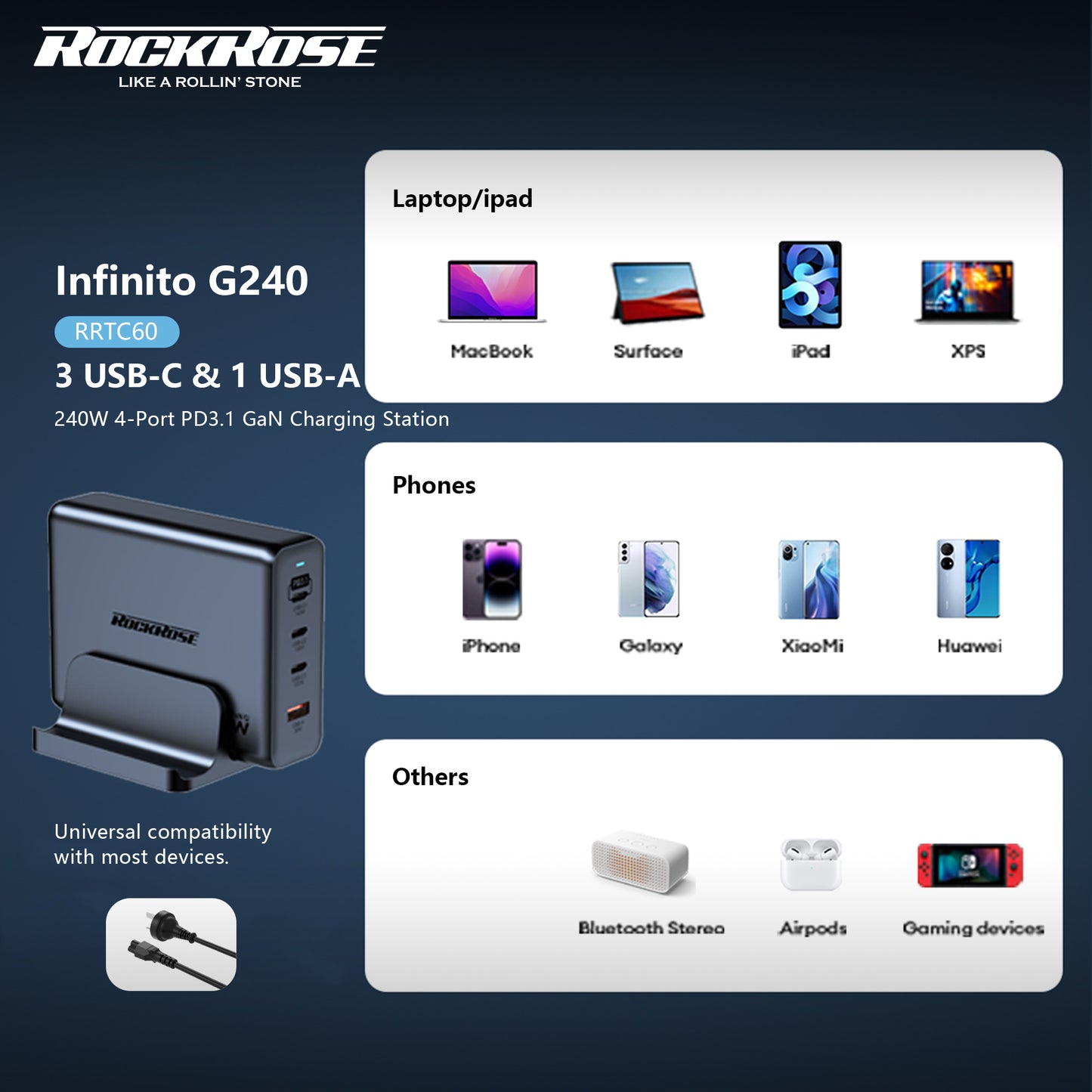 Rockrose Infinito G240 240W 4-Port PD3.1 GaN Charging Station