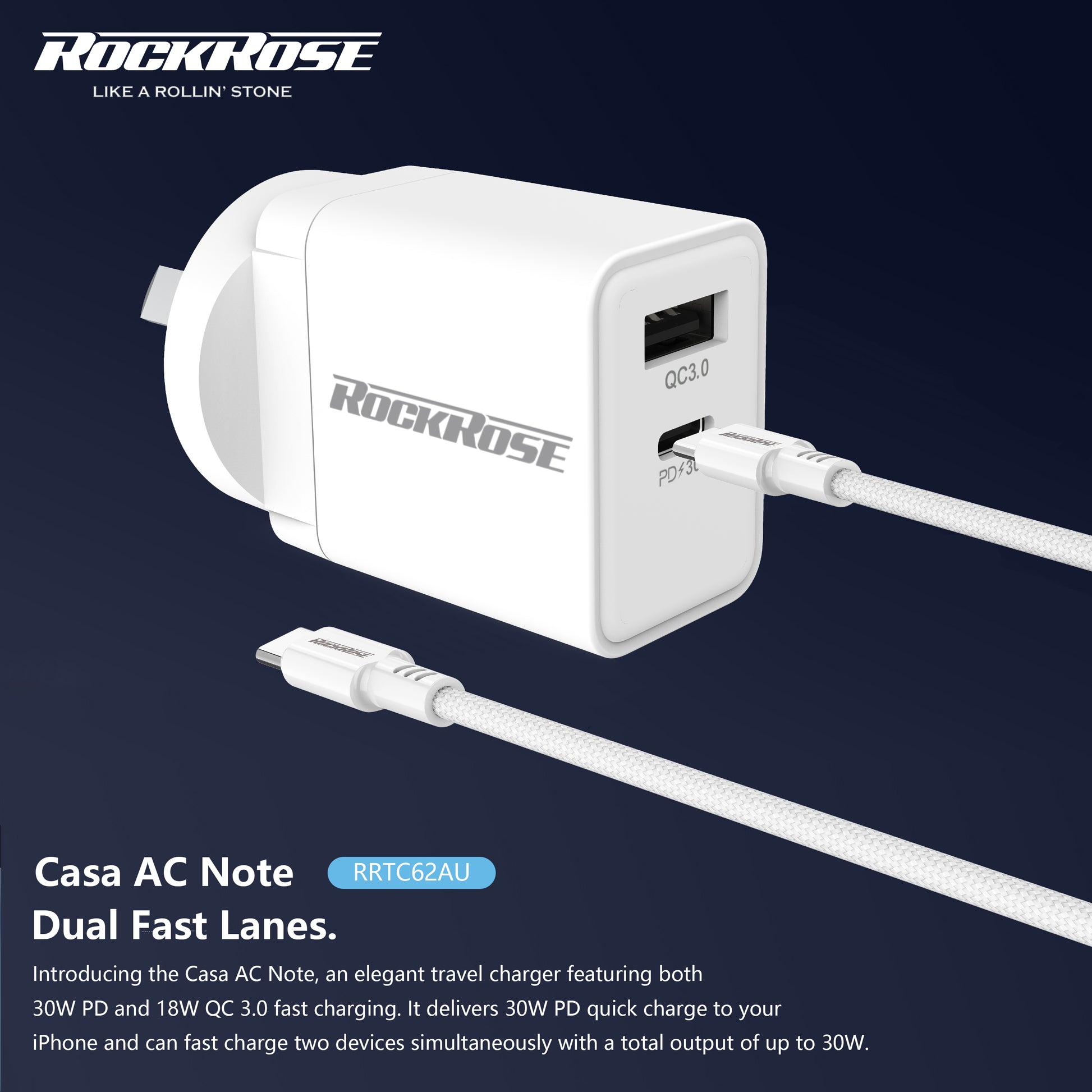 Rockrose Casa AC Note 30W PD & QC 3.0 Dual Port Power Adapter - product image 3