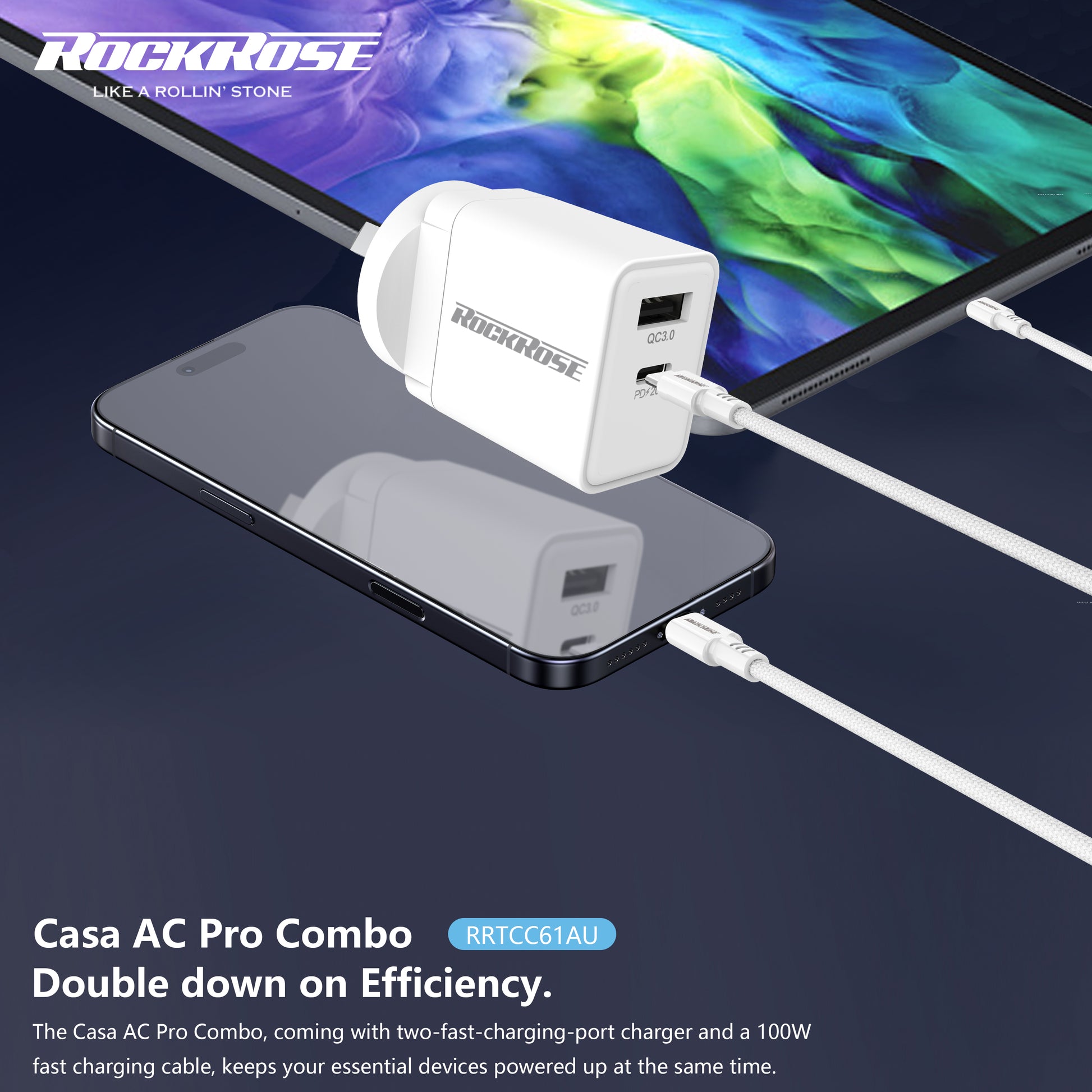 Rockrose Casa AC Pro Combo 20W PD & QC 3.0 Dual Port Power Adapter With 1M PD 100W USB-C to USB-C Fast Charging Cable - product image 4