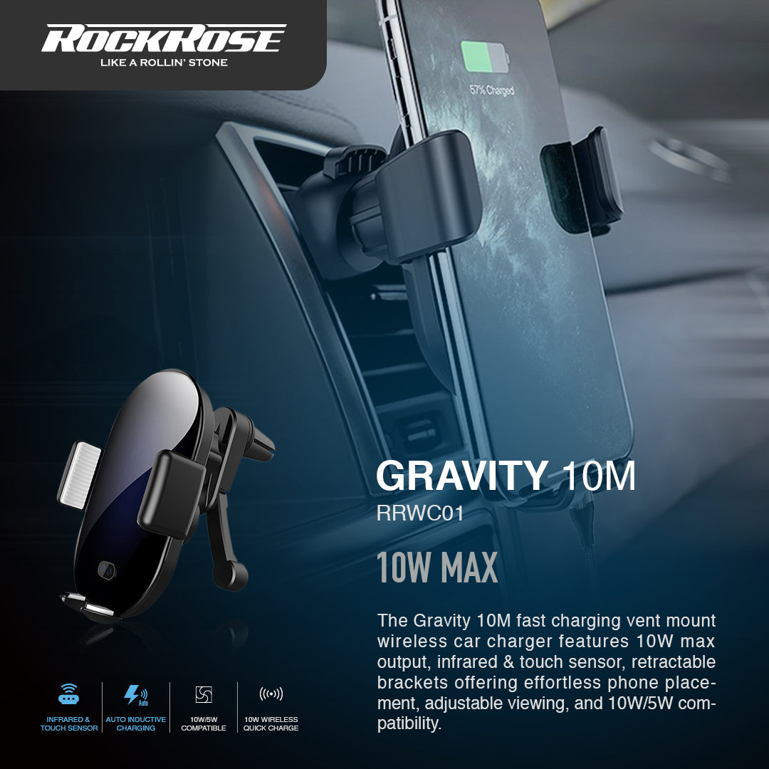 RockRose Gravity 10M 10W Wireless Charging Car Phone Mount with Air Vent Attachment