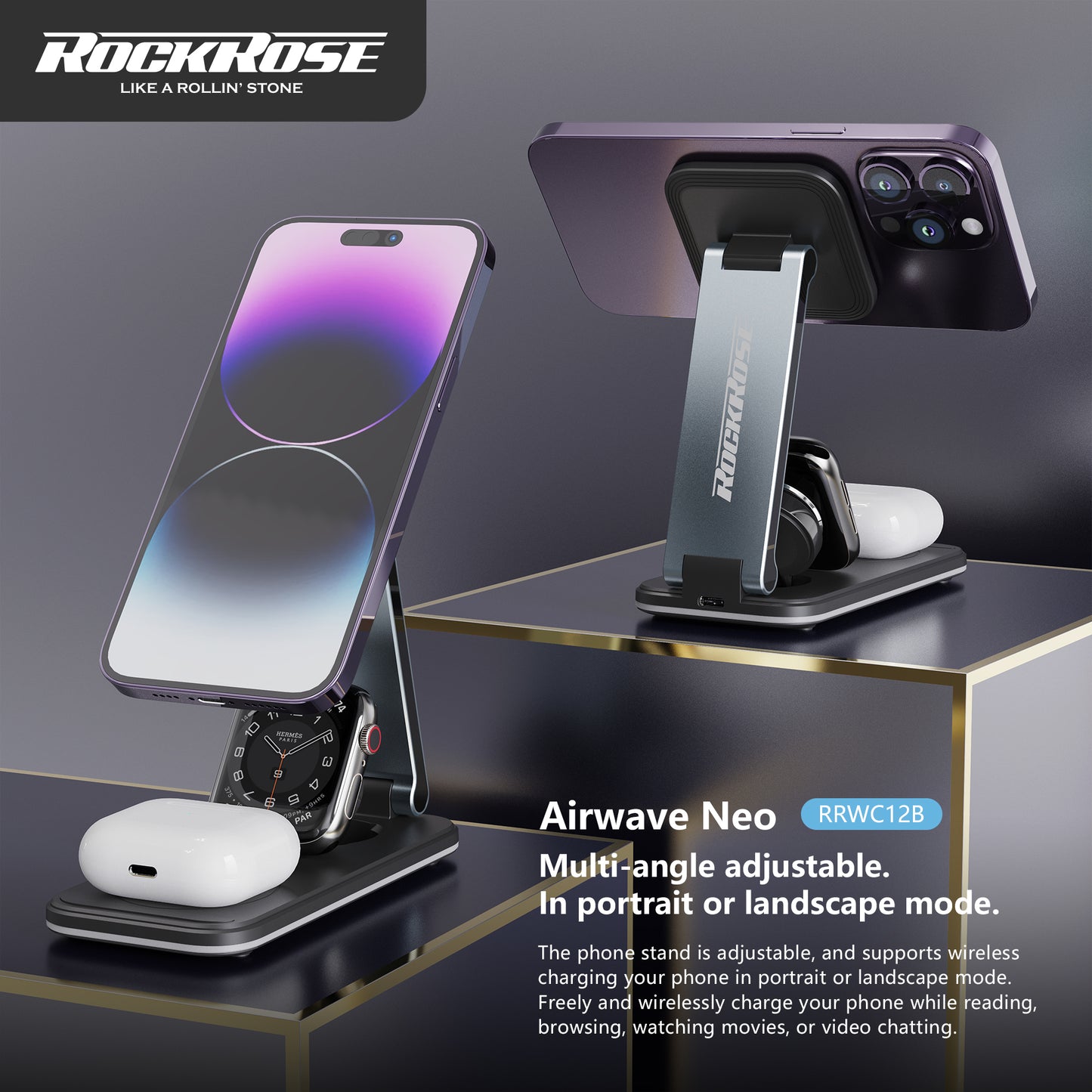 Rockrose Airwave Neo Dual Mode 3-in-1 Foldable Wireless Charging Stand Compatible with MagSafe
