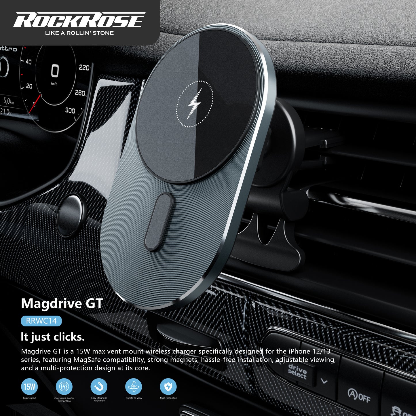 Rockrose Magdrive GT 15W Magnetic Air Vent Wireless Charger Compatible with MagSafe