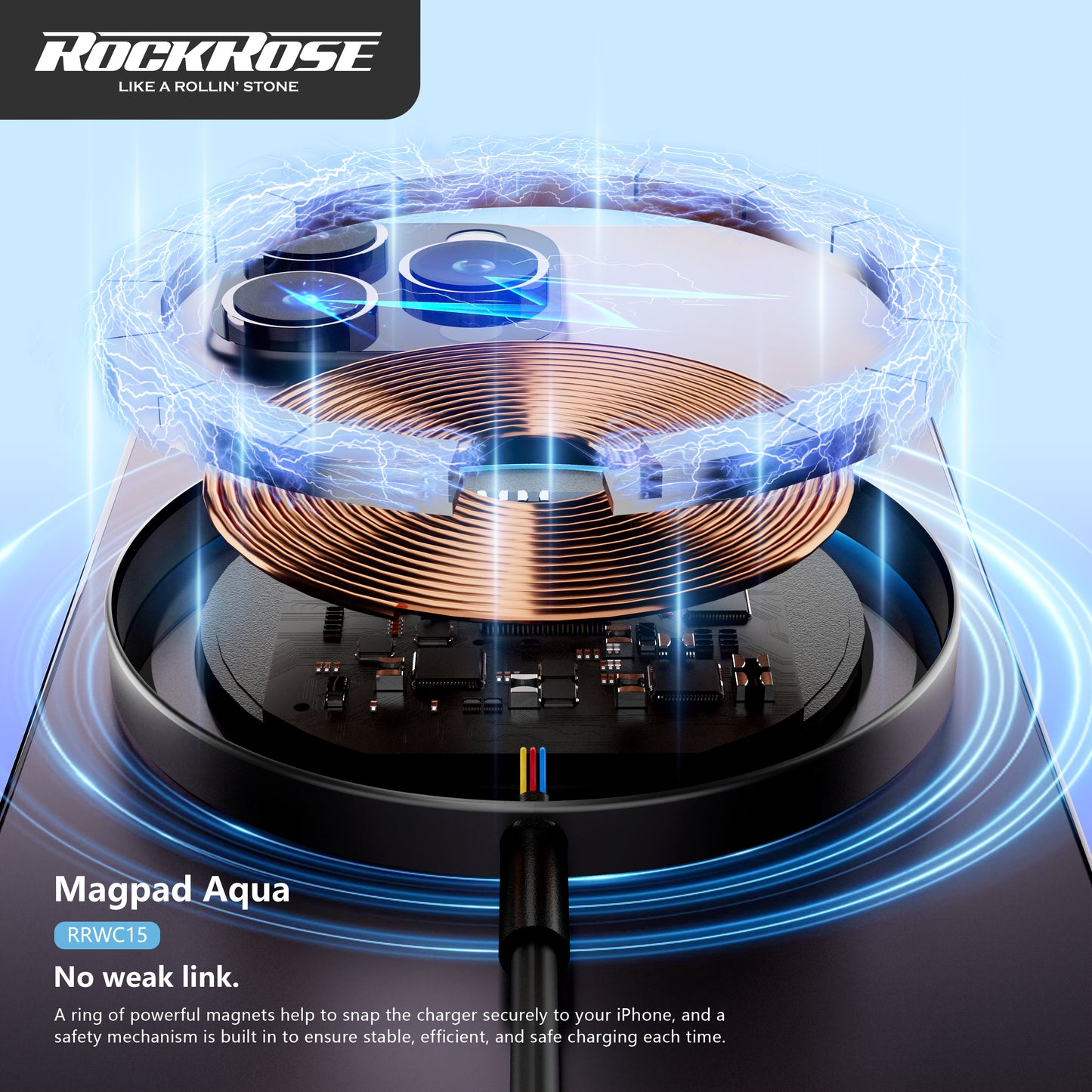 Rockrose MagPad Aqua 15W Transparent Magnetic Wireless Charger Compatible with MagSafe