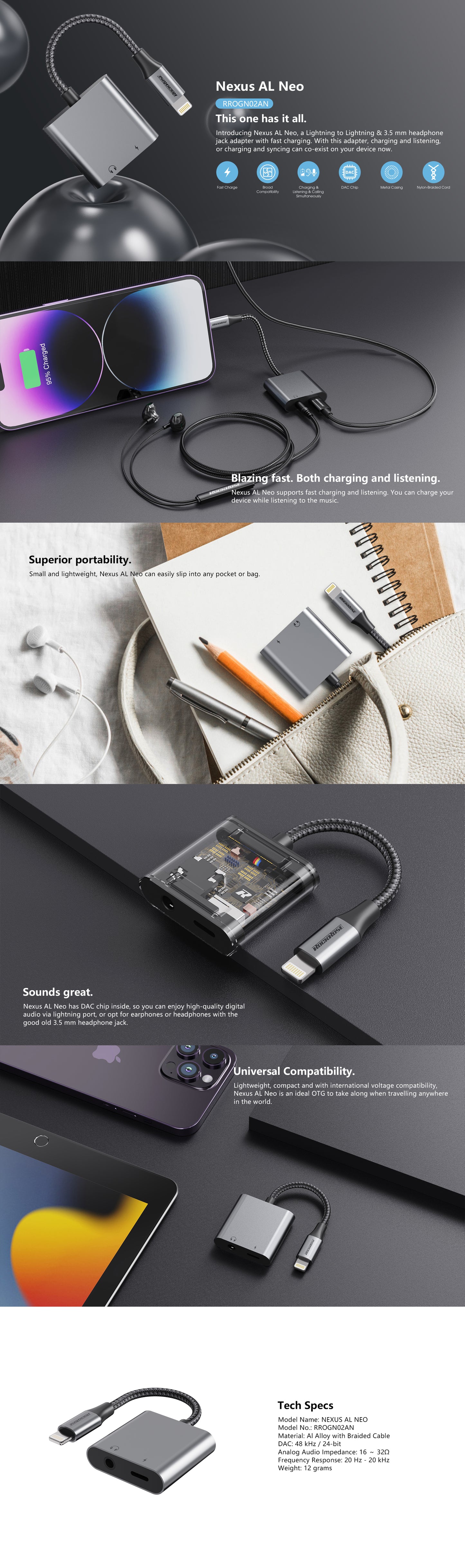 Rockrose Lightning to Lightning+3.5mm Adapter  (Phone Call & Music)