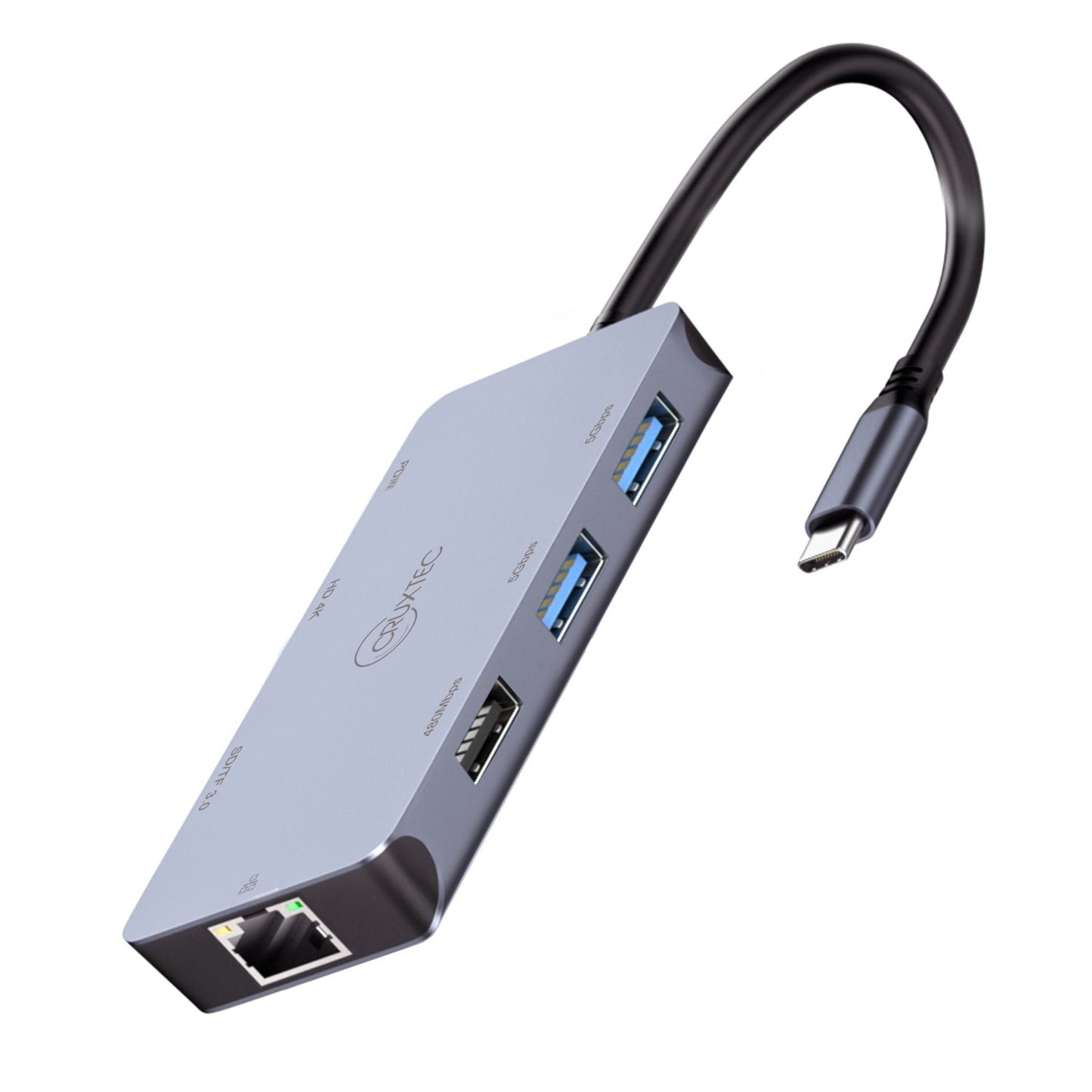 Cruxtec CMH08-SG 8-in-1 USB-C hub in space grey with integrated USB-C cable