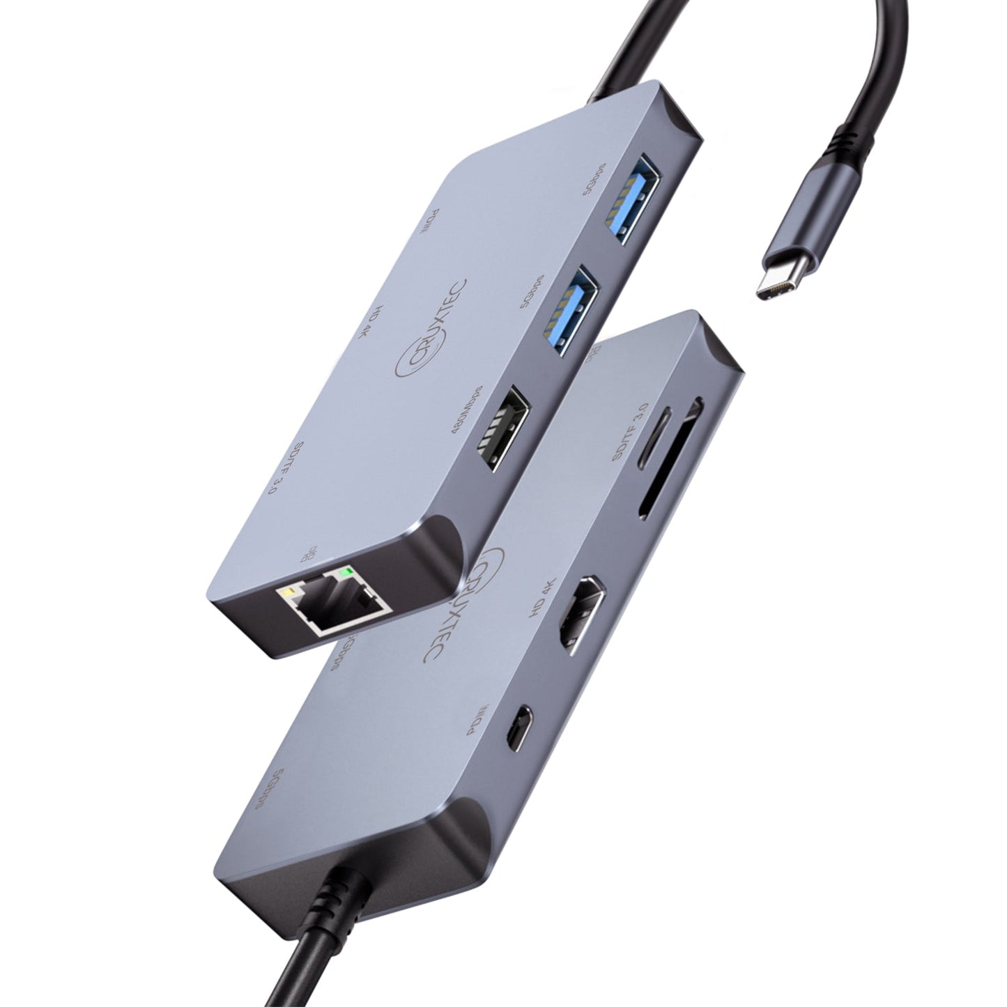 Front and rear views of the Cruxtec CMH08-SG USB-C hub port layout
