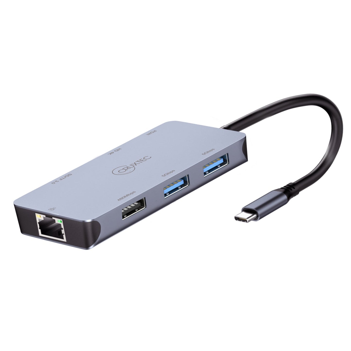 Cruxtec CMH08-SG side view showing Gigabit Ethernet and three USB-A ports